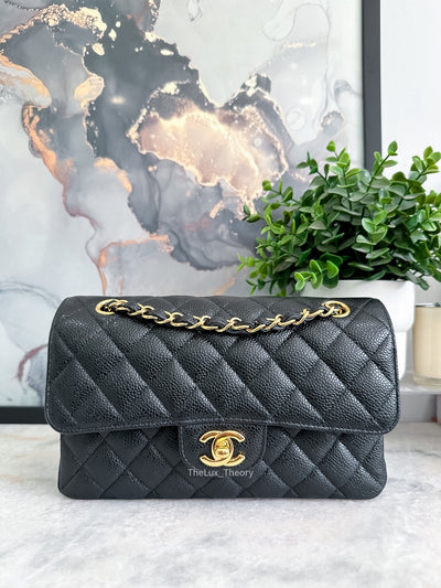 SMALL CF DOUBLE FLAP BLACK CAVIAR GOLD HARDWARE – THE LUX THEORY