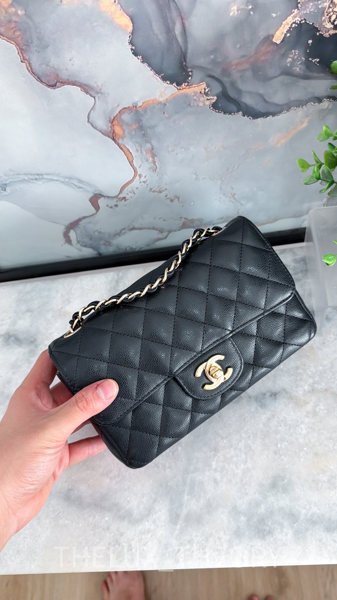 17C EDGE STITCHING BLACK MINI RECTANGULAR CAVIAR LIGHT GOLD HARDWARE