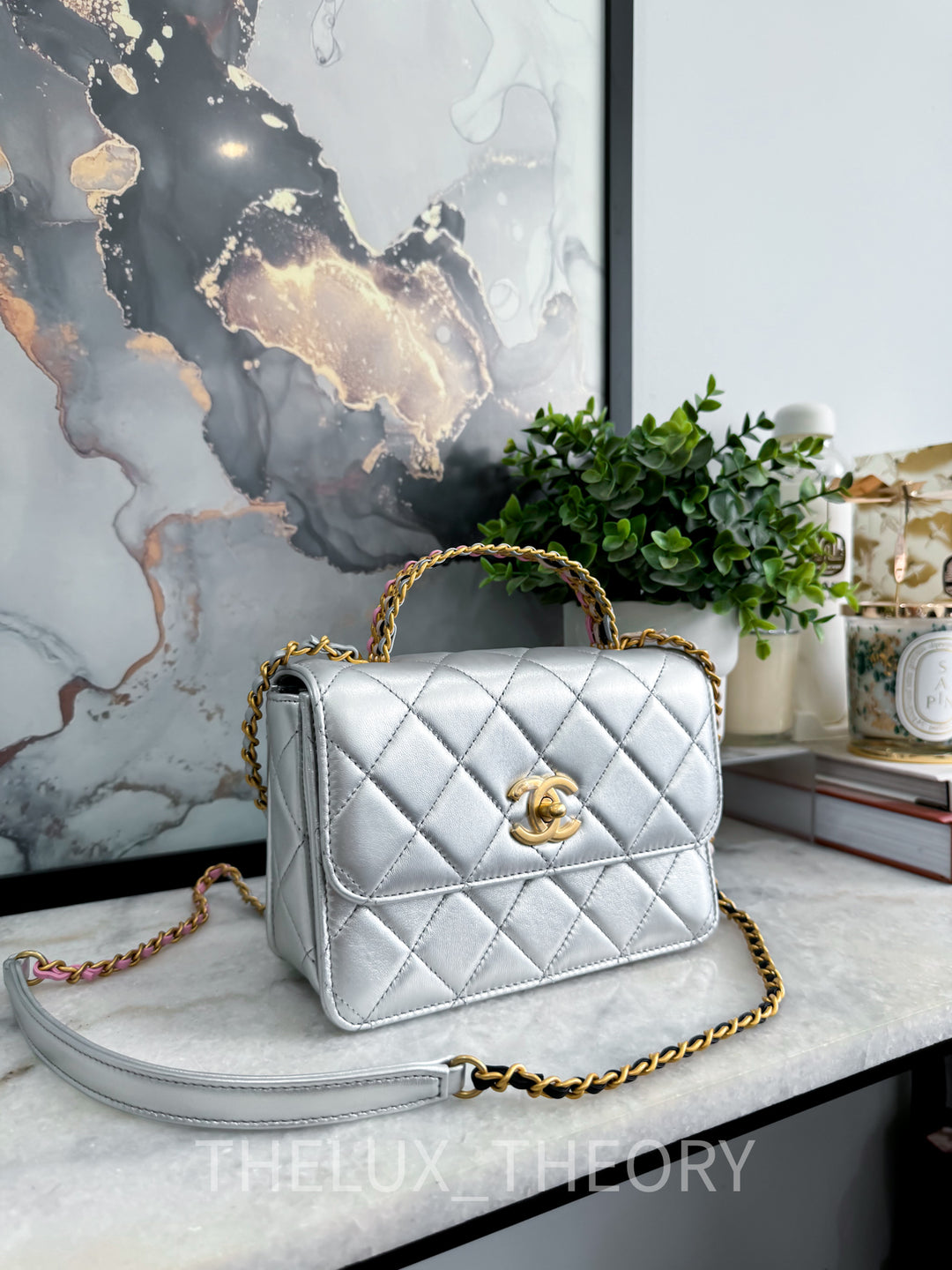 23P SILVER TOP HANDLE FLAP BAG AGED GOLD HARDWARE