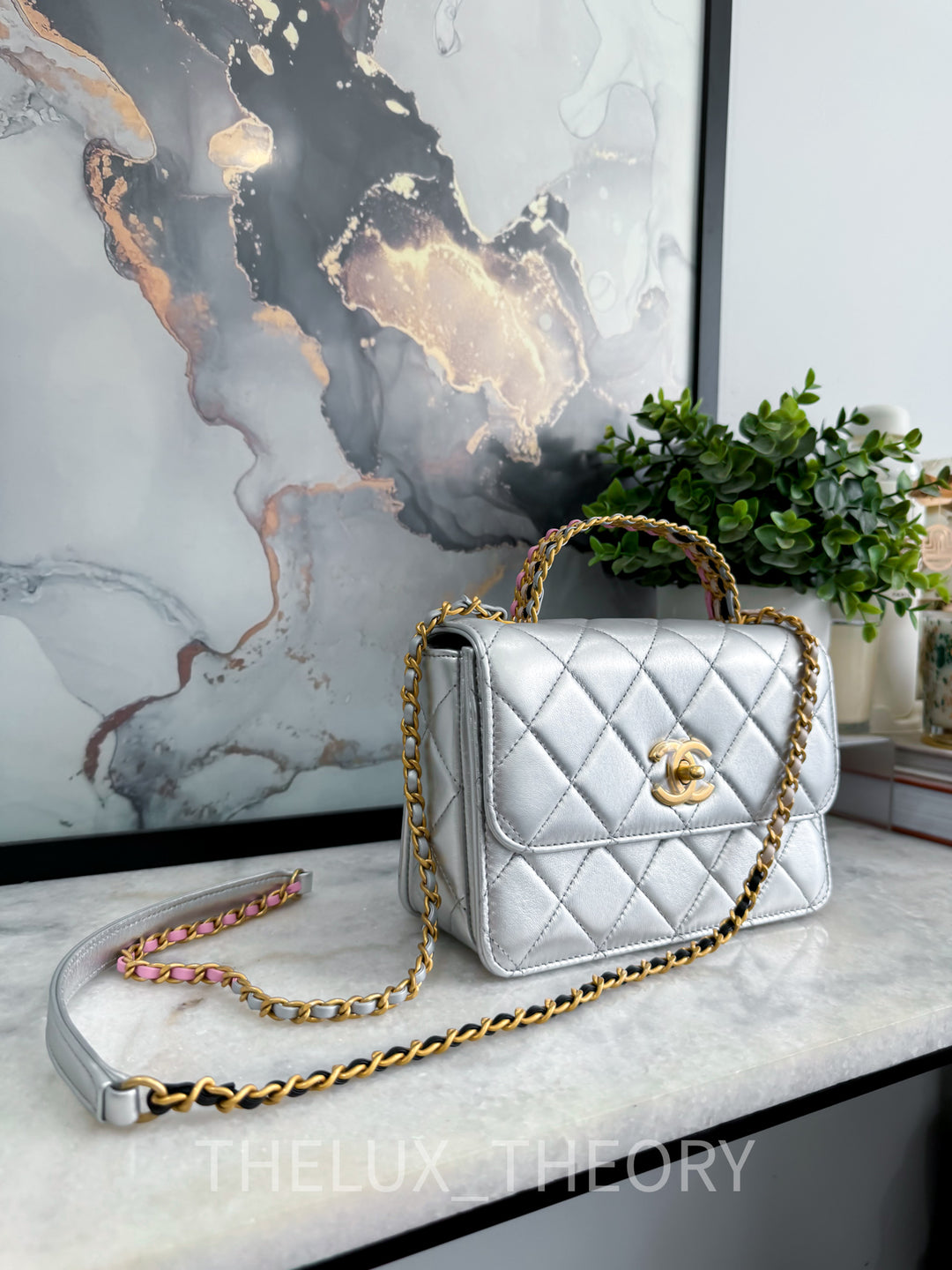 23P SILVER TOP HANDLE FLAP BAG AGED GOLD HARDWARE