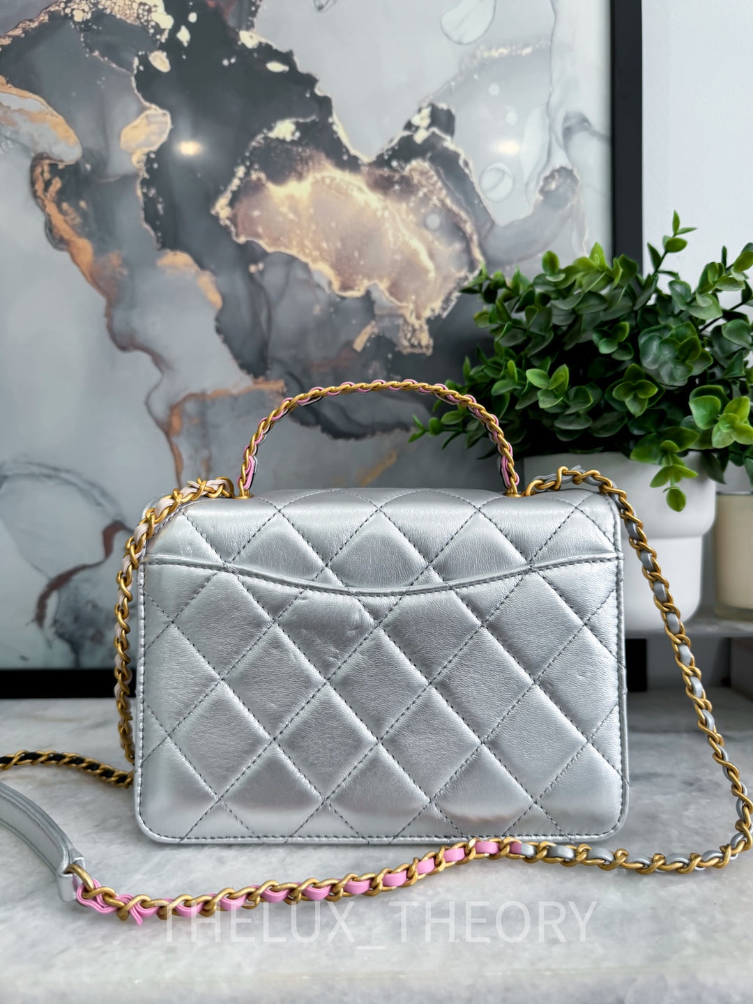 23P SILVER TOP HANDLE FLAP BAG AGED GOLD HARDWARE