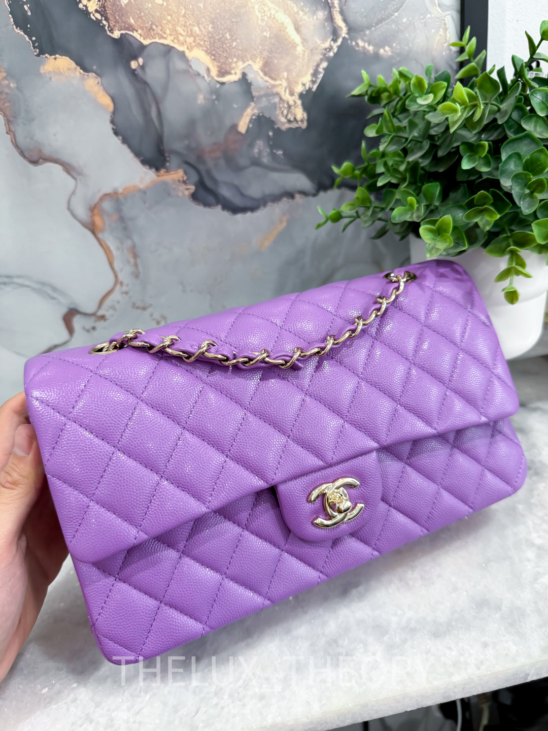 22S PURPLE MEDIUM CLASSIC DOUBLE FLAP CAVIAR LIGHT GOLD HARDWARE