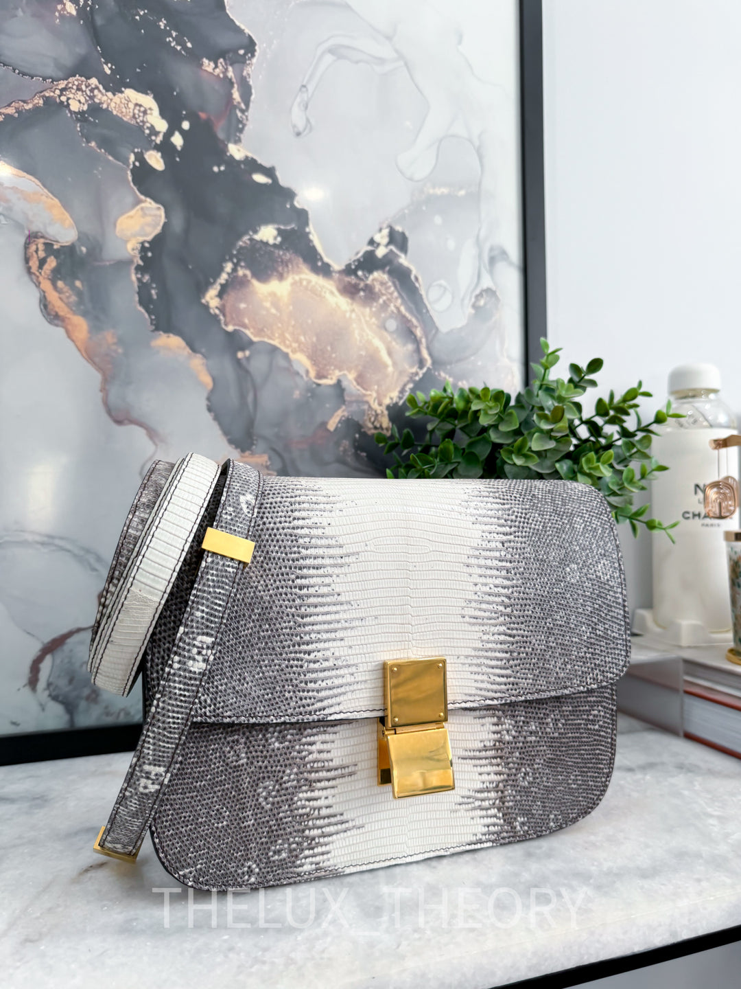 CELINE NATURAL LIZARD MEDIUM CLASSIC BOX FLAP BAG AGED GOLD HARDWARE 2023