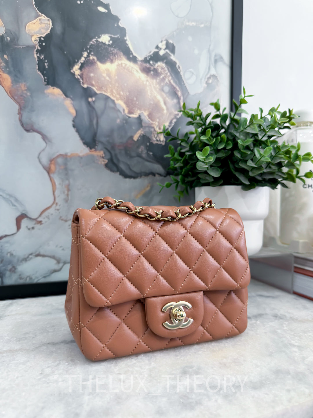 22S CARAMEL MINI SQUARE LAMBSKIN LIGHT GOLD HARDWARE