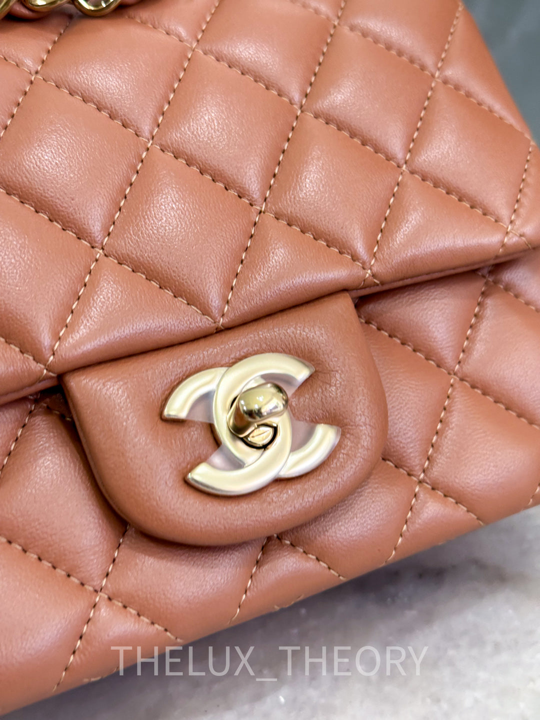 22S CARAMEL MINI SQUARE LAMBSKIN LIGHT GOLD HARDWARE