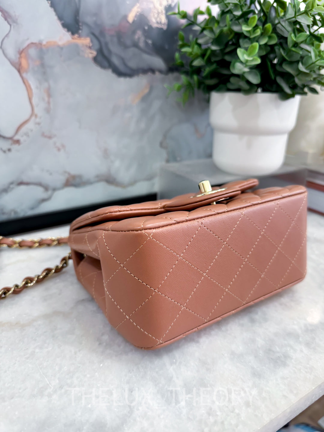 22S CARAMEL MINI SQUARE LAMBSKIN LIGHT GOLD HARDWARE