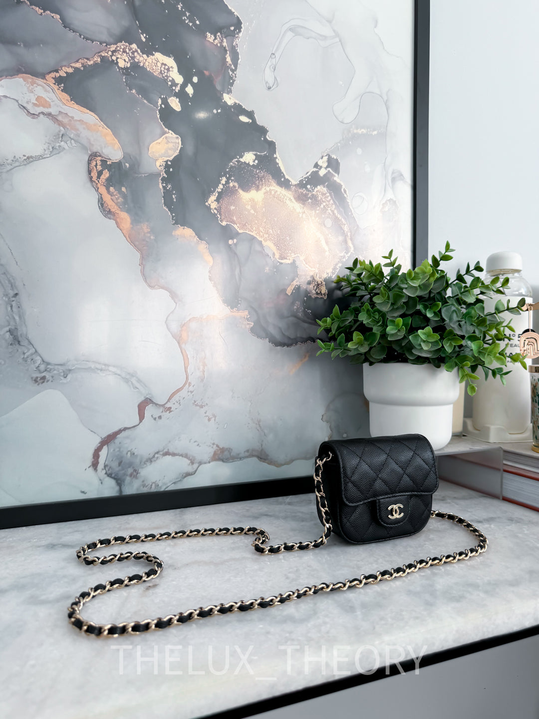 22C BLACK MICRO CLUTCH ON CHAIN CAVIAR LIGHT GOLD HARDWARE