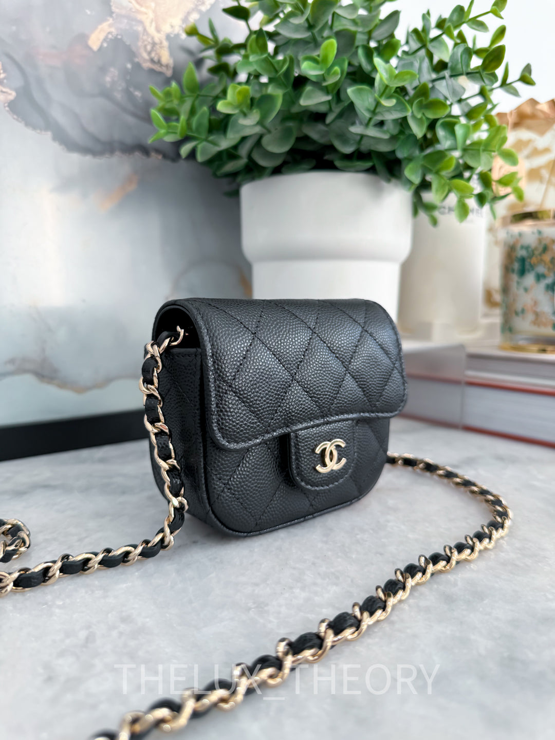 22C BLACK MICRO CLUTCH ON CHAIN CAVIAR LIGHT GOLD HARDWARE