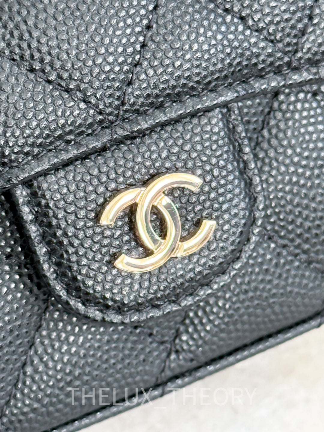 22C BLACK MICRO CLUTCH ON CHAIN CAVIAR LIGHT GOLD HARDWARE