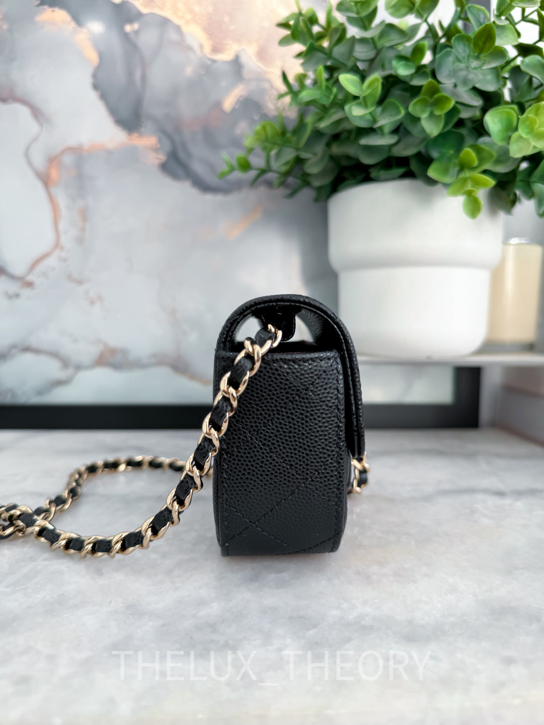 22C BLACK MICRO CLUTCH ON CHAIN CAVIAR LIGHT GOLD HARDWARE