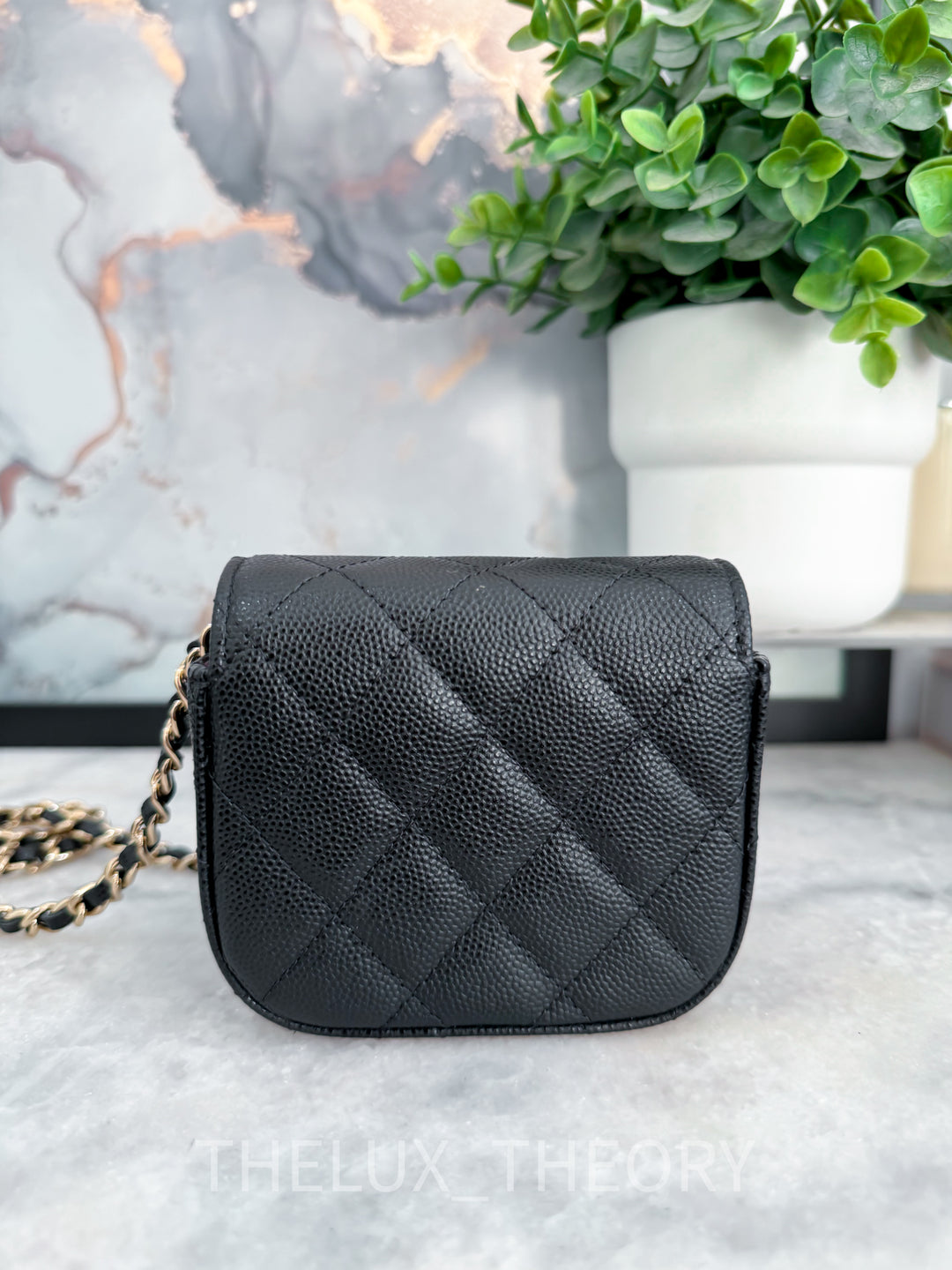 22C BLACK MICRO CLUTCH ON CHAIN CAVIAR LIGHT GOLD HARDWARE