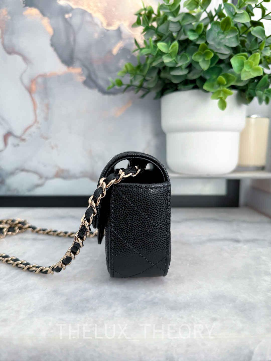 22C BLACK MICRO CLUTCH ON CHAIN CAVIAR LIGHT GOLD HARDWARE
