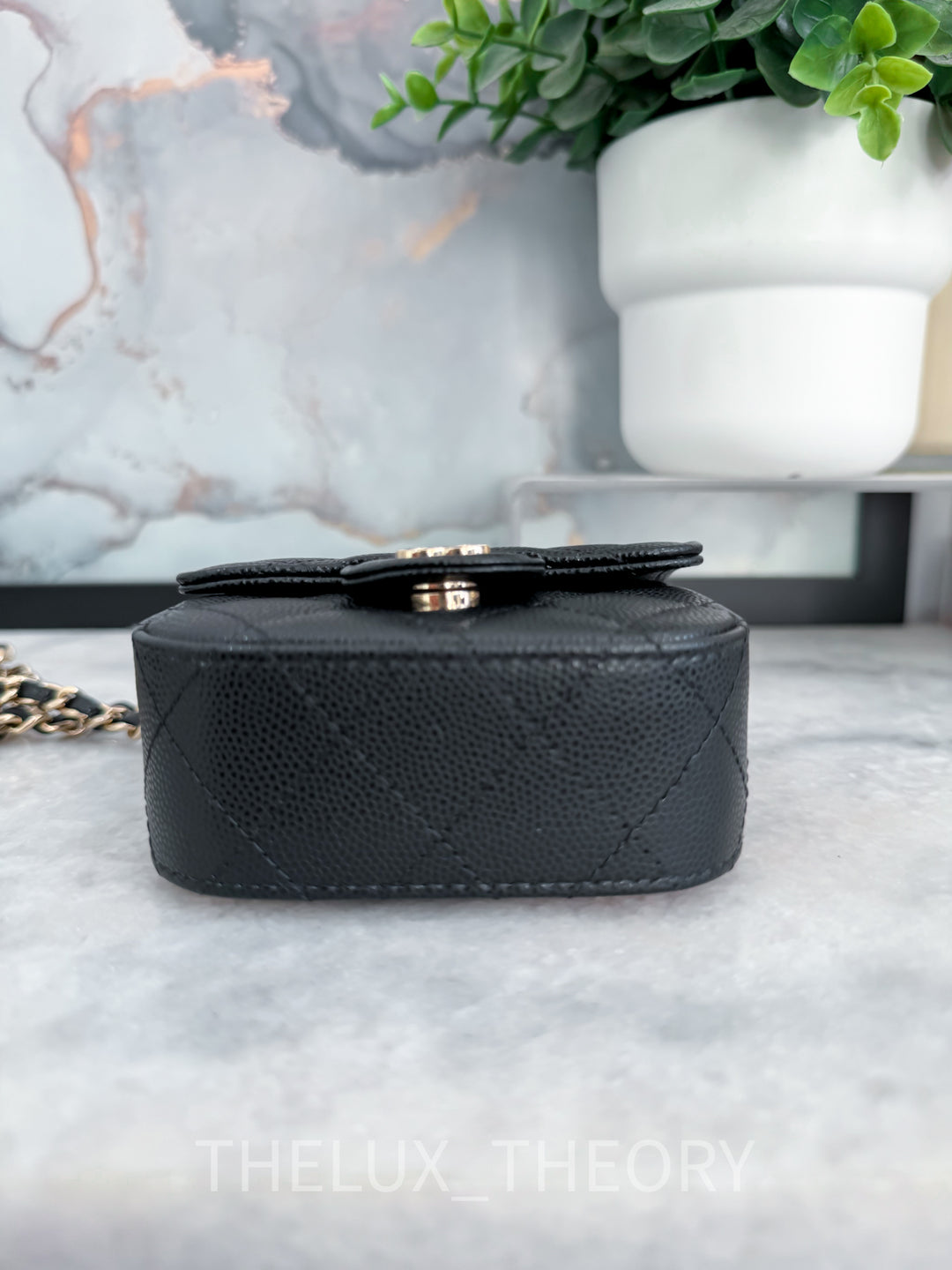 22C BLACK MICRO CLUTCH ON CHAIN CAVIAR LIGHT GOLD HARDWARE