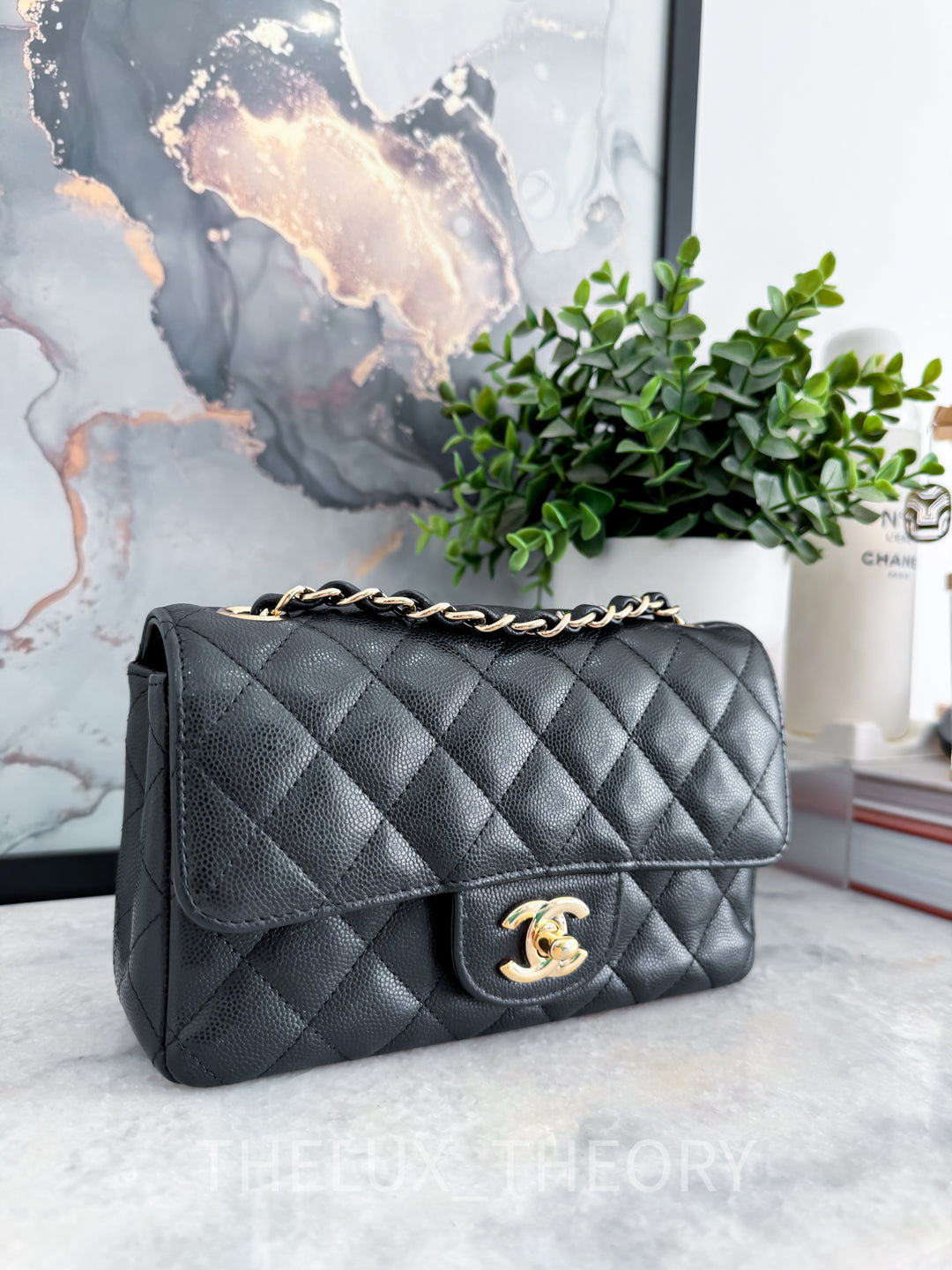 17C EDGE STITCHING BLACK MINI RECTANGULAR CAVIAR LIGHT GOLD HARDWARE