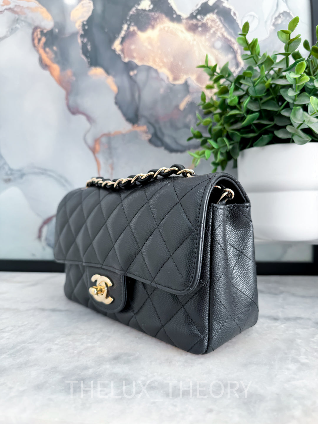 17C EDGE STITCHING BLACK MINI RECTANGULAR CAVIAR LIGHT GOLD HARDWARE