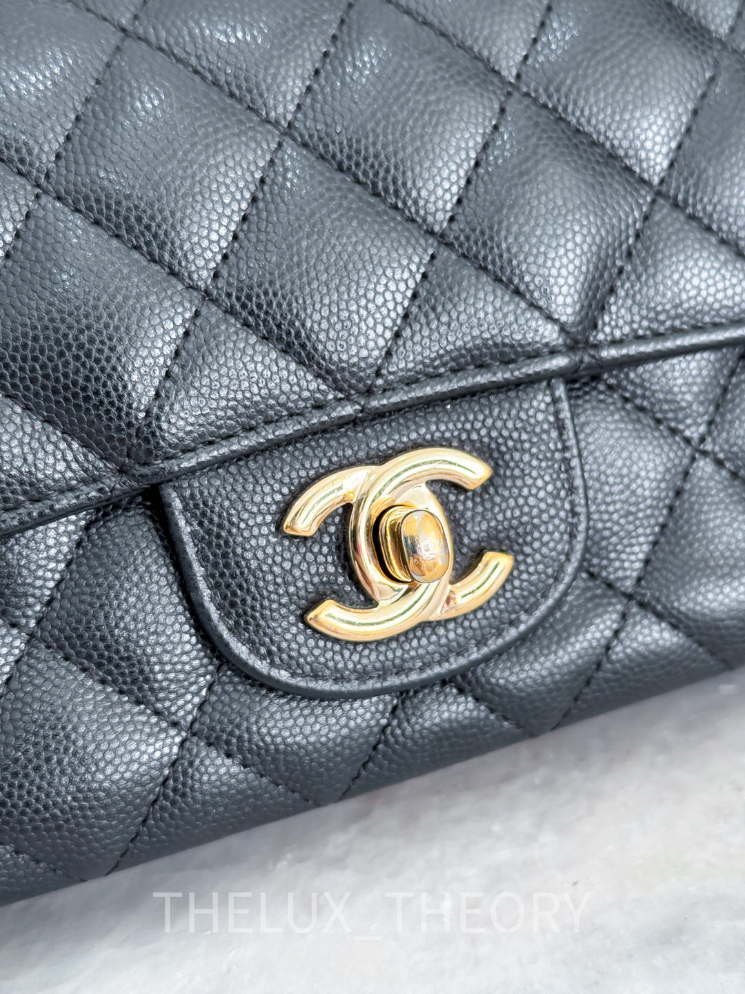17C EDGE STITCHING BLACK MINI RECTANGULAR CAVIAR LIGHT GOLD HARDWARE