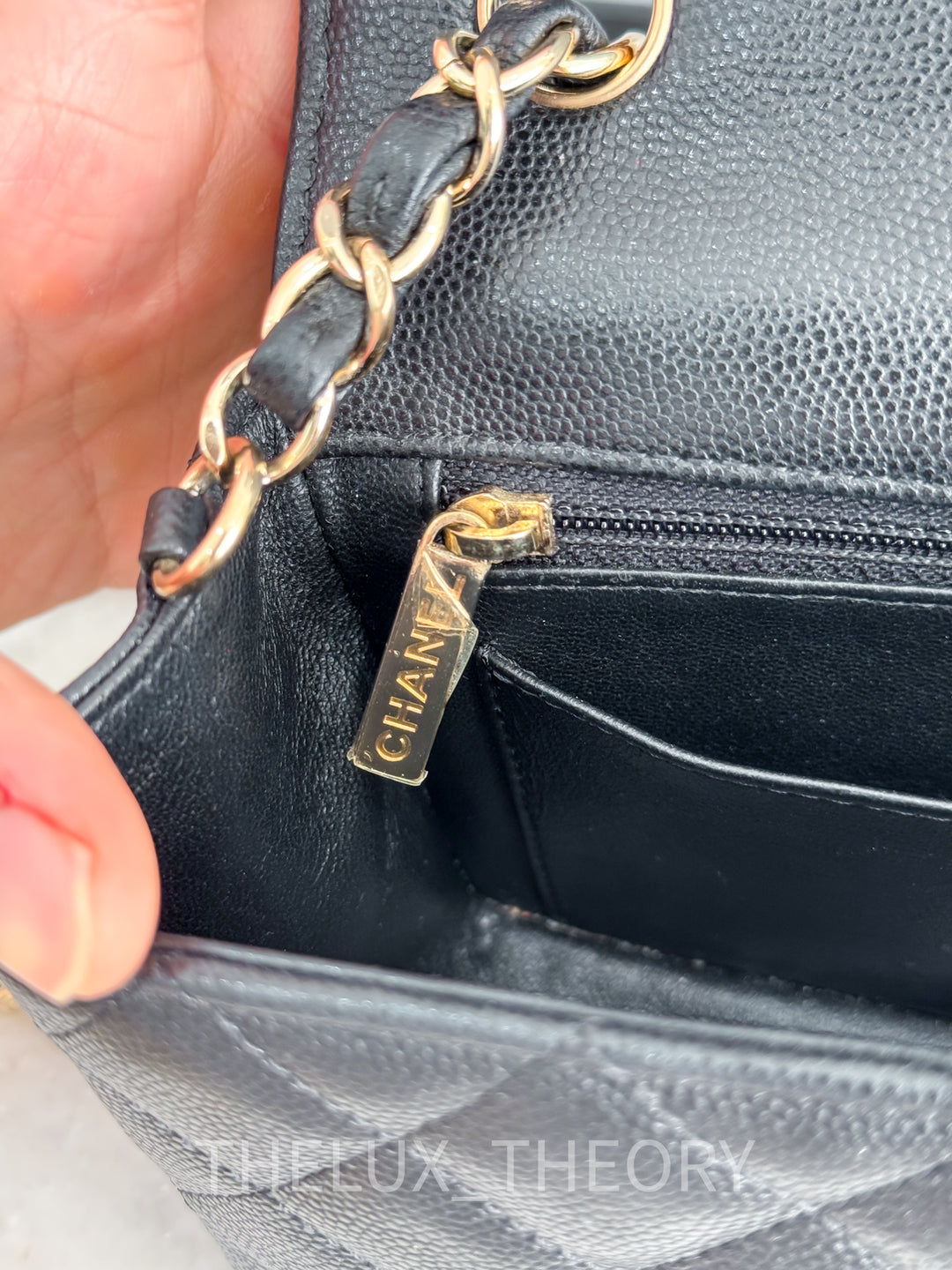 17C EDGE STITCHING BLACK MINI RECTANGULAR CAVIAR LIGHT GOLD HARDWARE