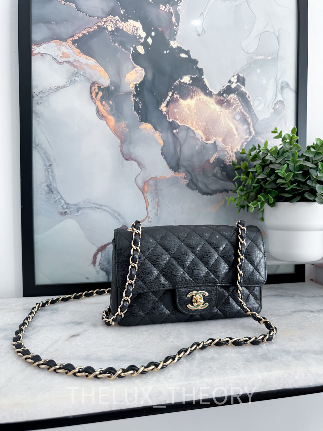17C EDGE STITCHING BLACK MINI RECTANGULAR CAVIAR LIGHT GOLD HARDWARE