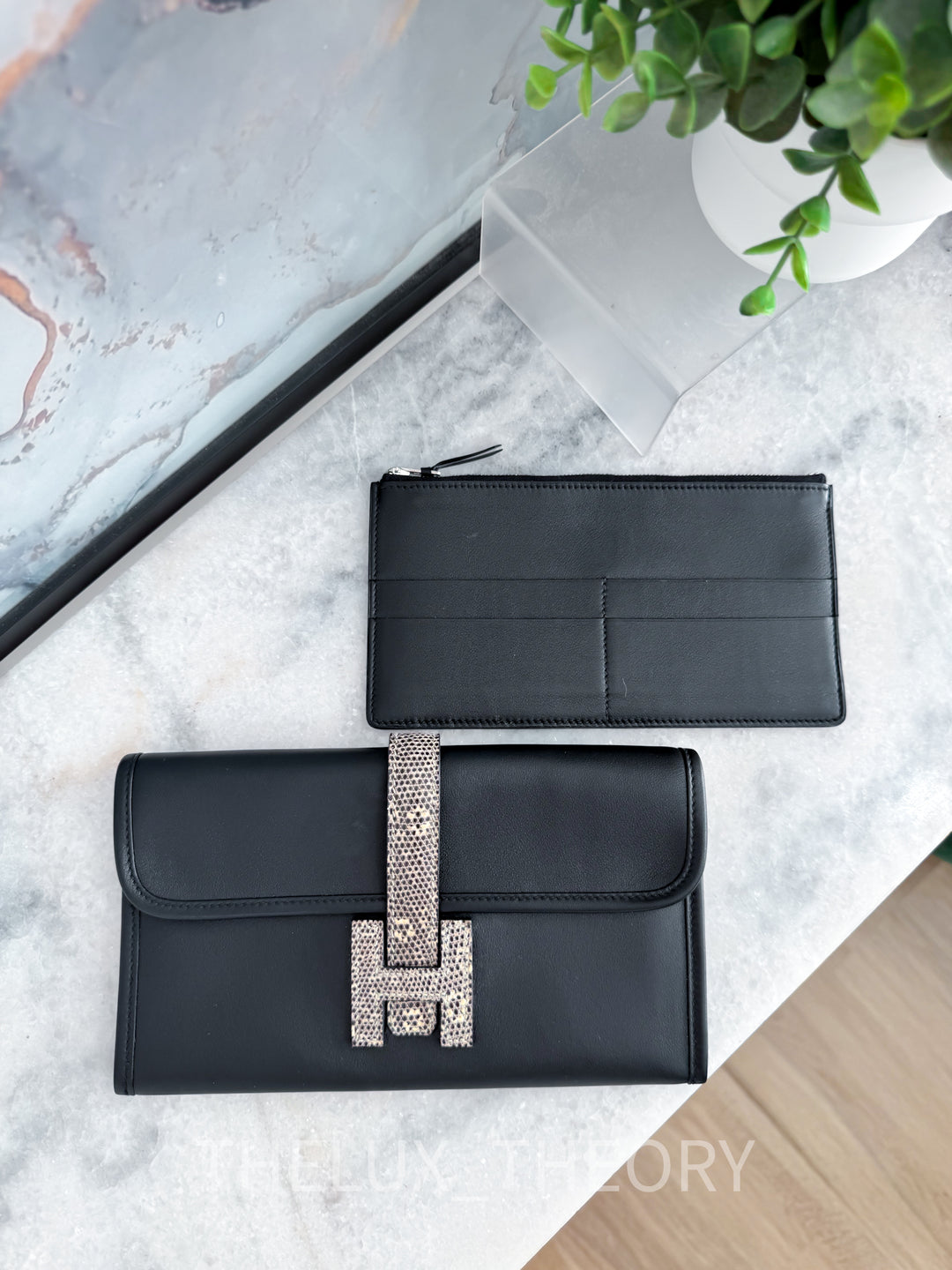 H JIGE DUO WALLET BLACK SWIFT LEATHER NATURAL LIZARD Y 2020