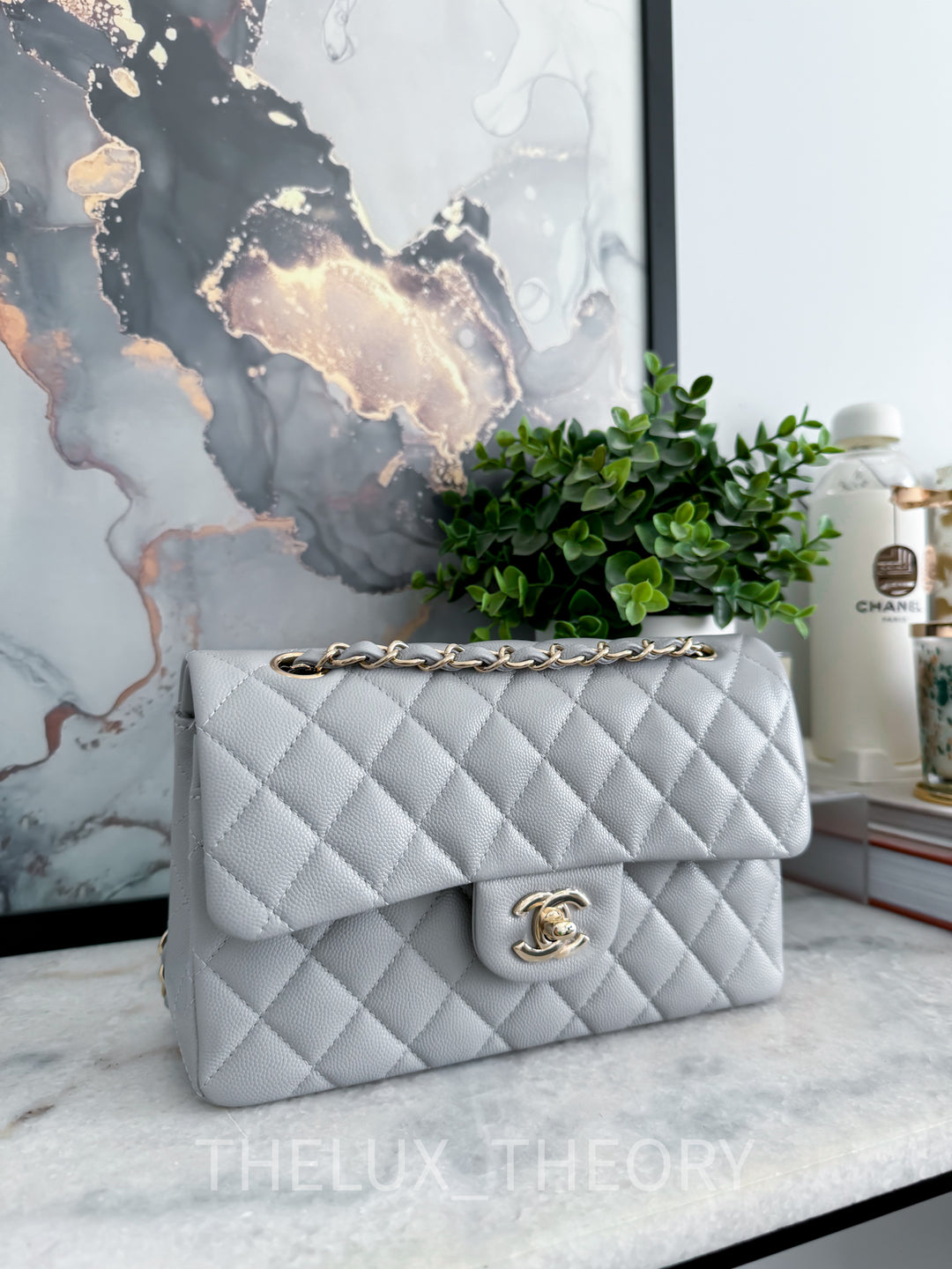 21A DOVE GREY SMALL CLASSIC DOUBLE FLAP CAVIAR LIGHT GOLD HARDWARE