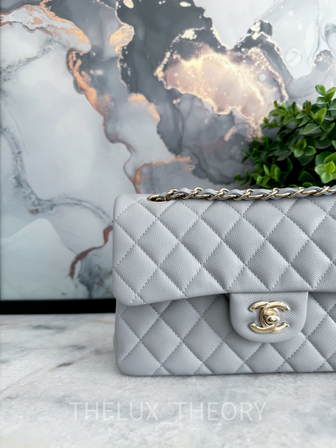 21A DOVE GREY SMALL CLASSIC DOUBLE FLAP CAVIAR LIGHT GOLD HARDWARE