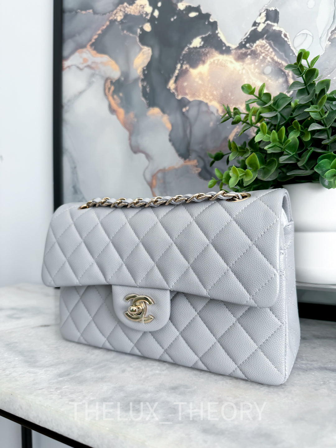 21A DOVE GREY SMALL CLASSIC DOUBLE FLAP CAVIAR LIGHT GOLD HARDWARE