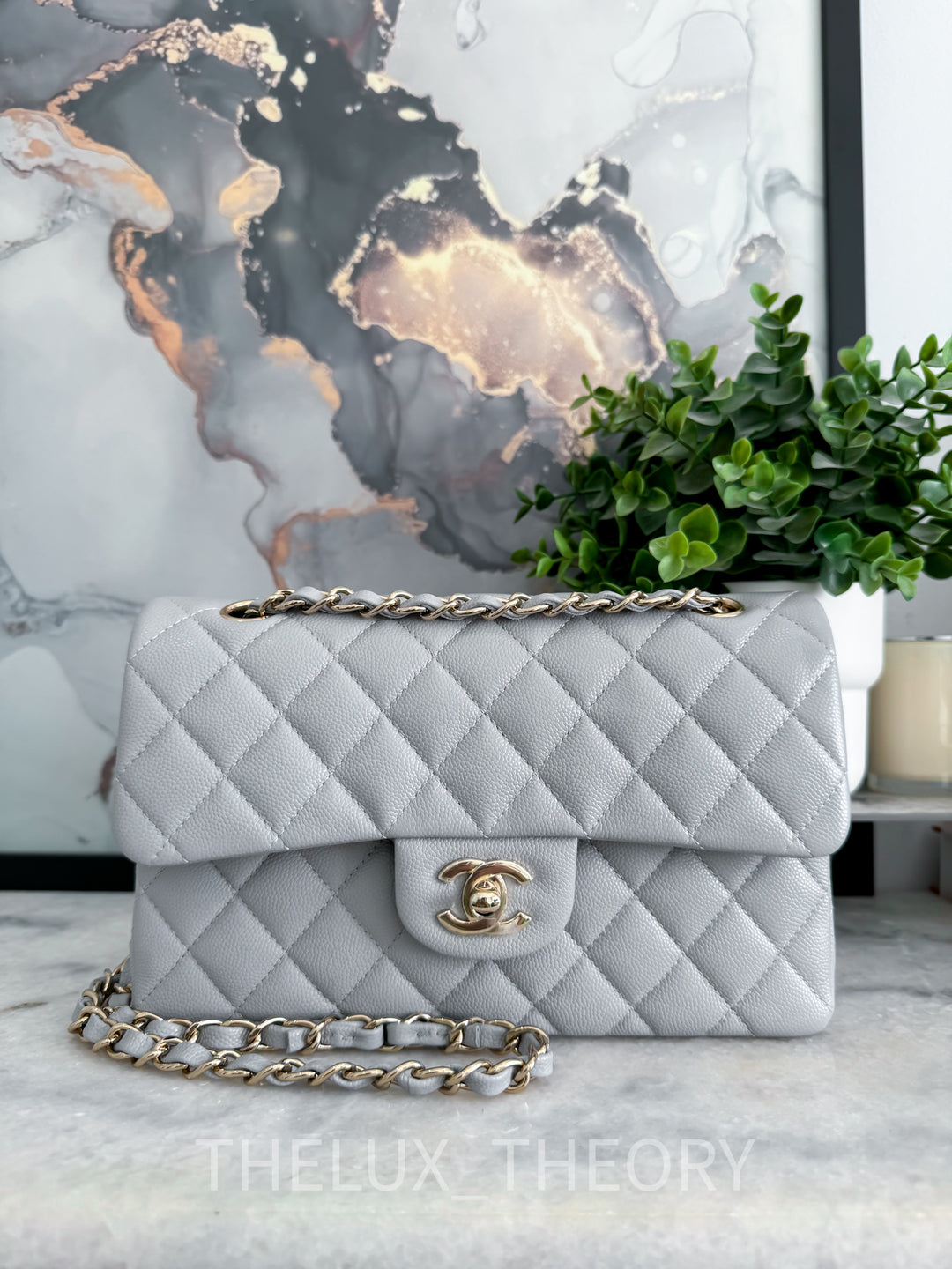 21A DOVE GREY SMALL CLASSIC DOUBLE FLAP CAVIAR LIGHT GOLD HARDWARE
