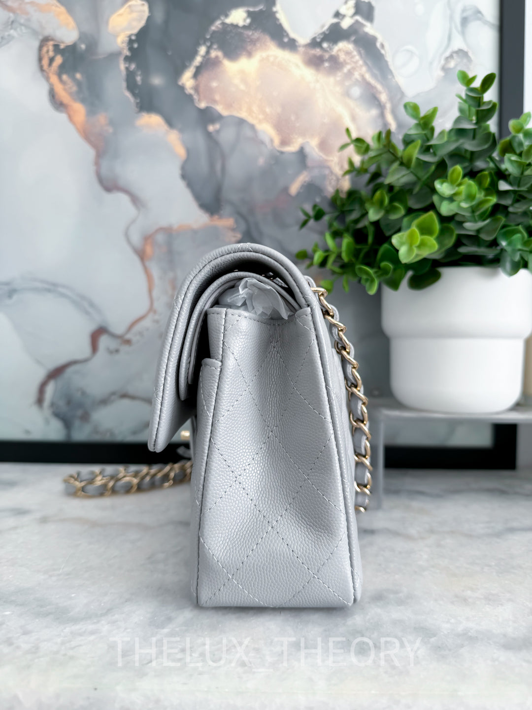 21A DOVE GREY SMALL CLASSIC DOUBLE FLAP CAVIAR LIGHT GOLD HARDWARE
