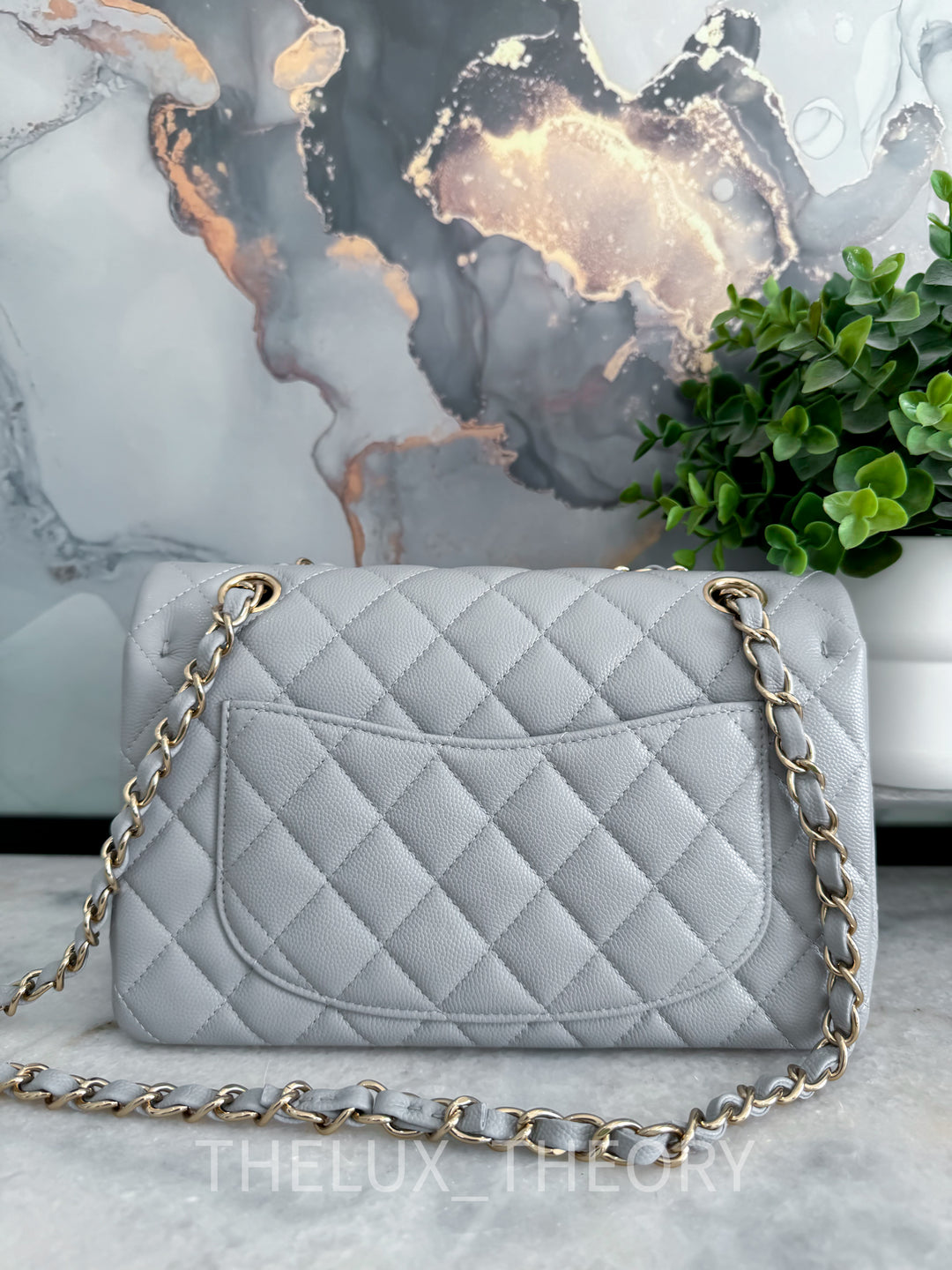 21A DOVE GREY SMALL CLASSIC DOUBLE FLAP CAVIAR LIGHT GOLD HARDWARE