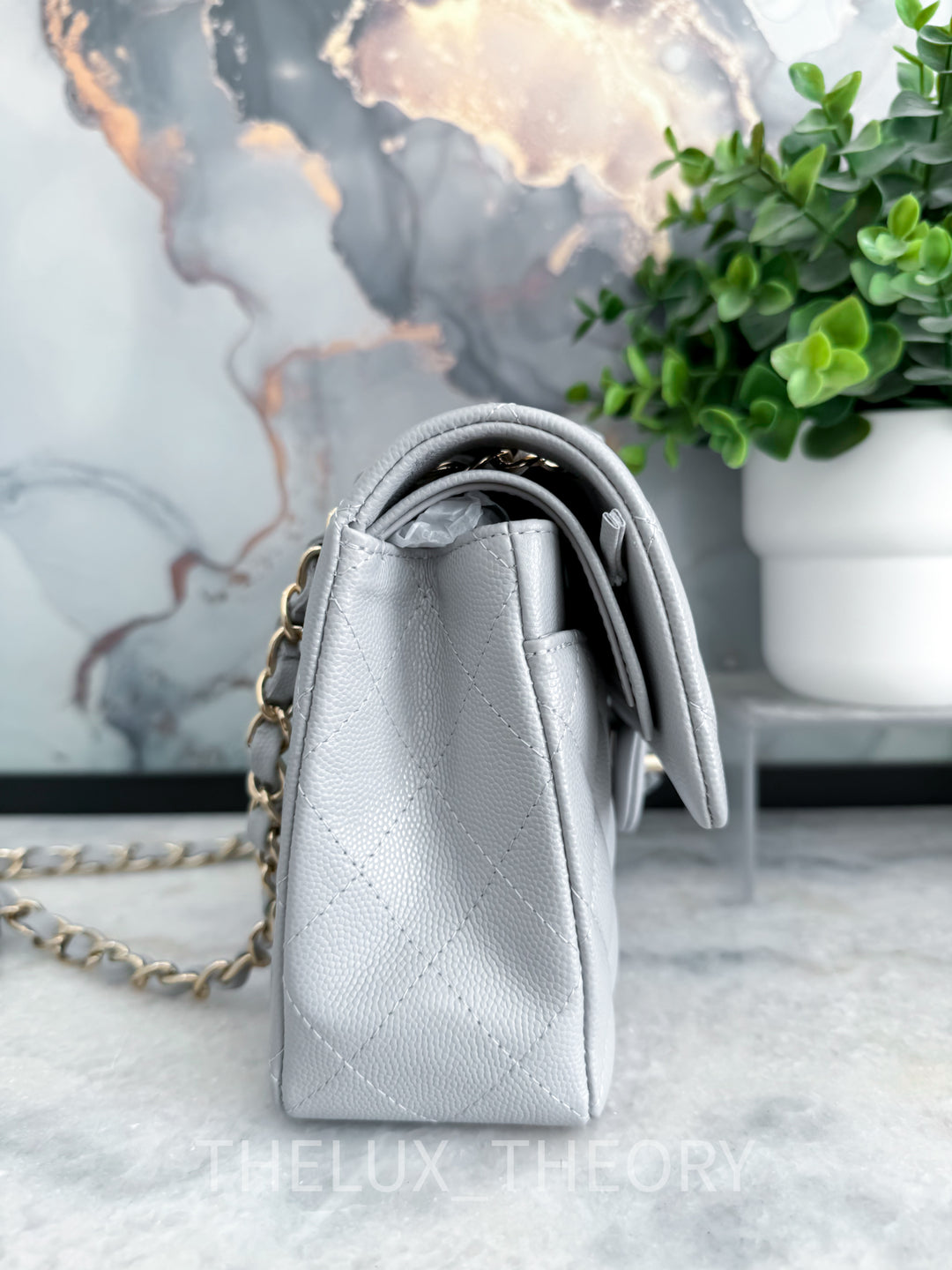 21A DOVE GREY SMALL CLASSIC DOUBLE FLAP CAVIAR LIGHT GOLD HARDWARE