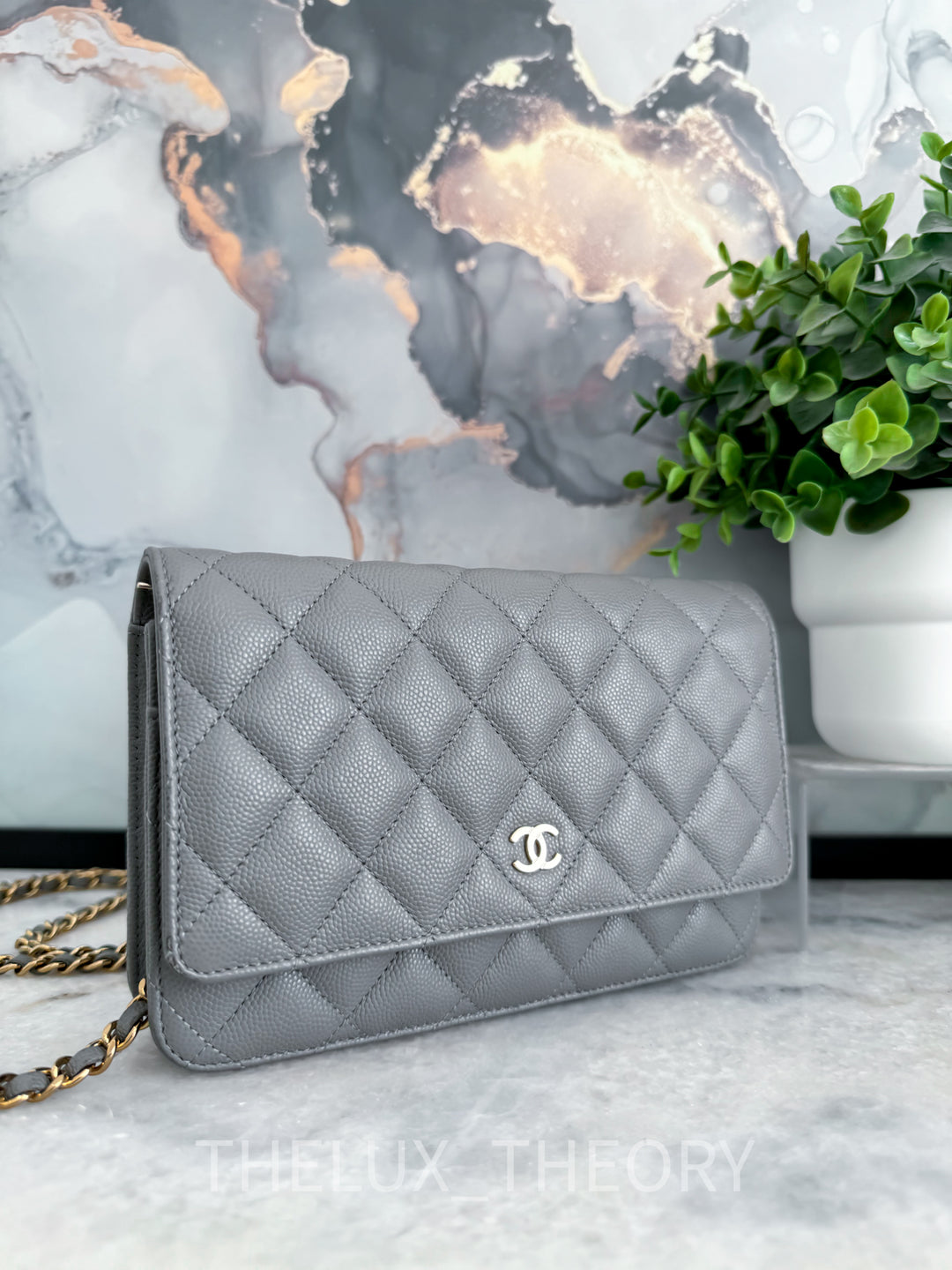 22B GREY WALLET ON CHAIN CAVIAR LIGHT GOLD HARDWARE