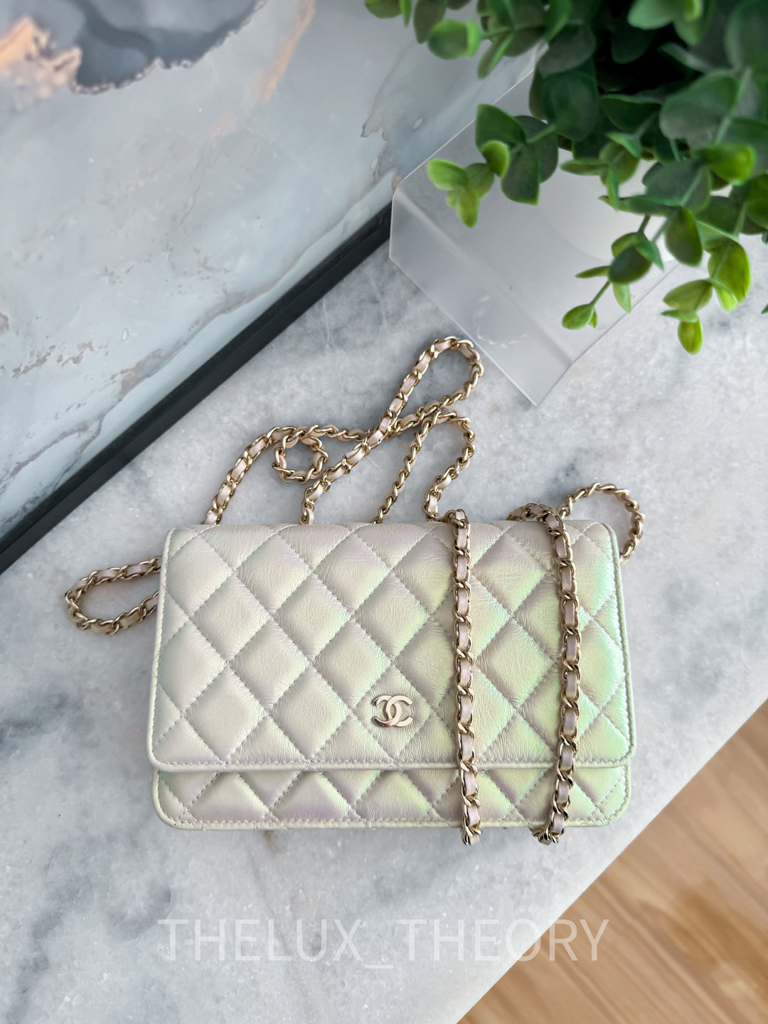 21P IRIDESCENT PEARL WALLET ON CHAIN LAMBSKIN LIGHT GOLD HARDWARE