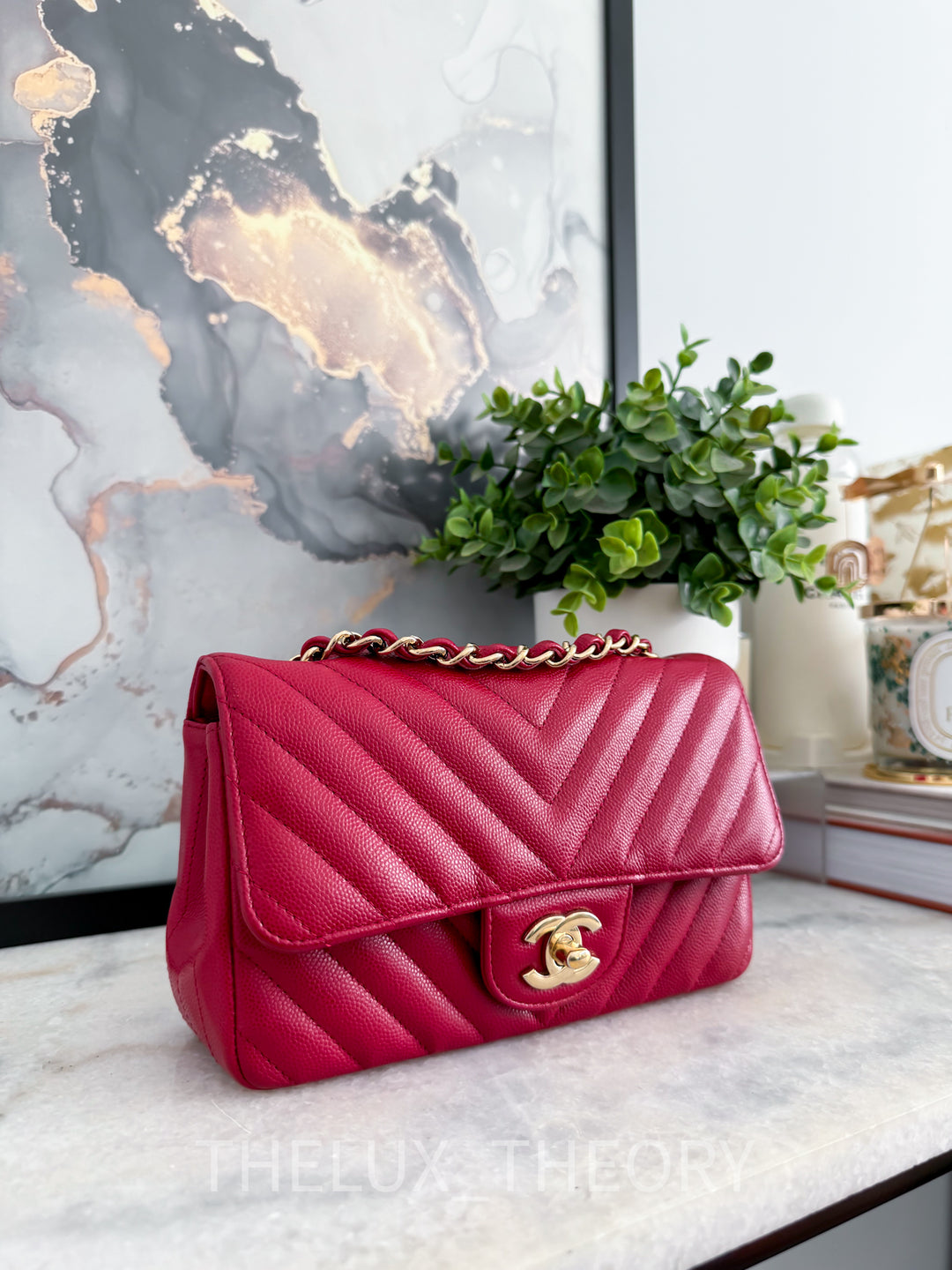 18B RASPBERRY RED CHEVRON MINI RECTANGLE CAVIAR LIGHT GOLD HARDWARE