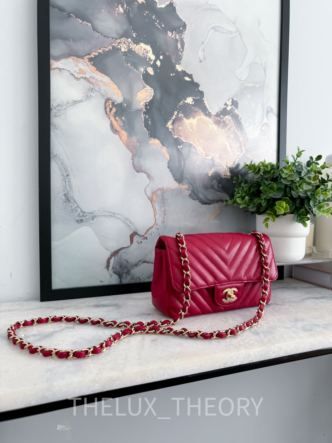 18B RASPBERRY RED CHEVRON MINI RECTANGLE CAVIAR LIGHT GOLD HARDWARE