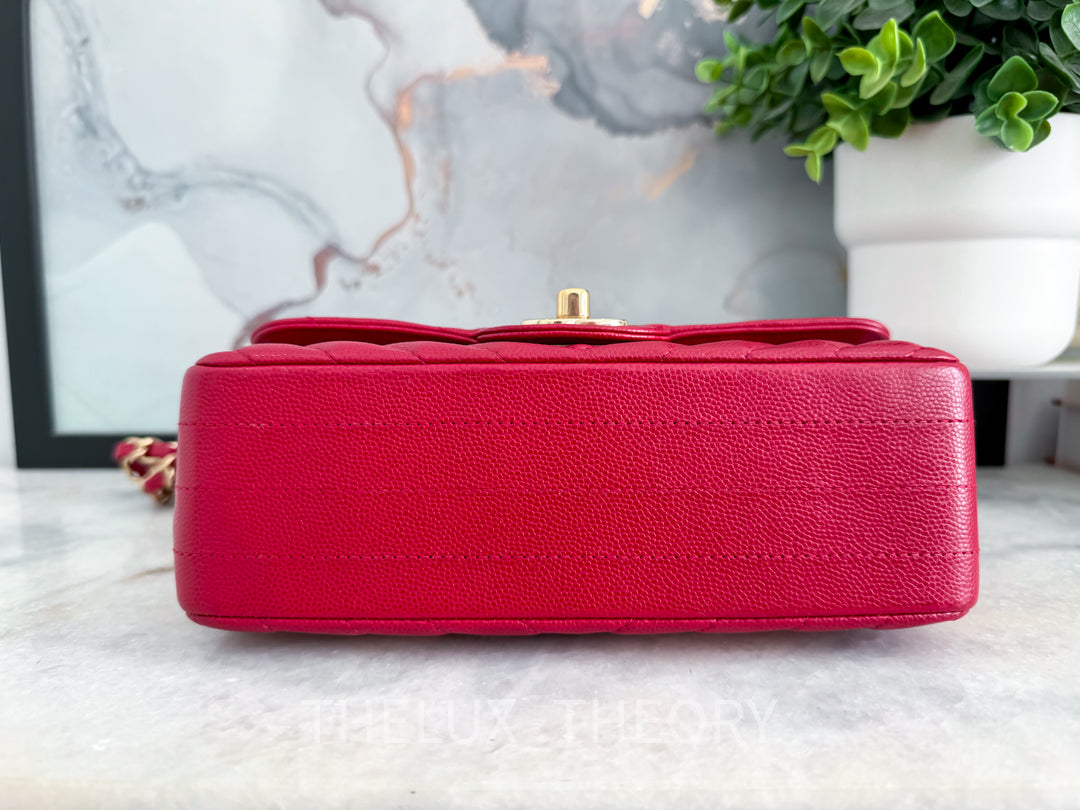 18B RASPBERRY RED CHEVRON MINI RECTANGLE CAVIAR LIGHT GOLD HARDWARE