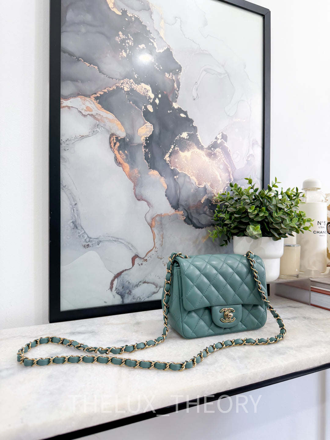 22P TURQUOISE MINI SQUARE LAMBSKIN LIGHT GOLD HARDWARE