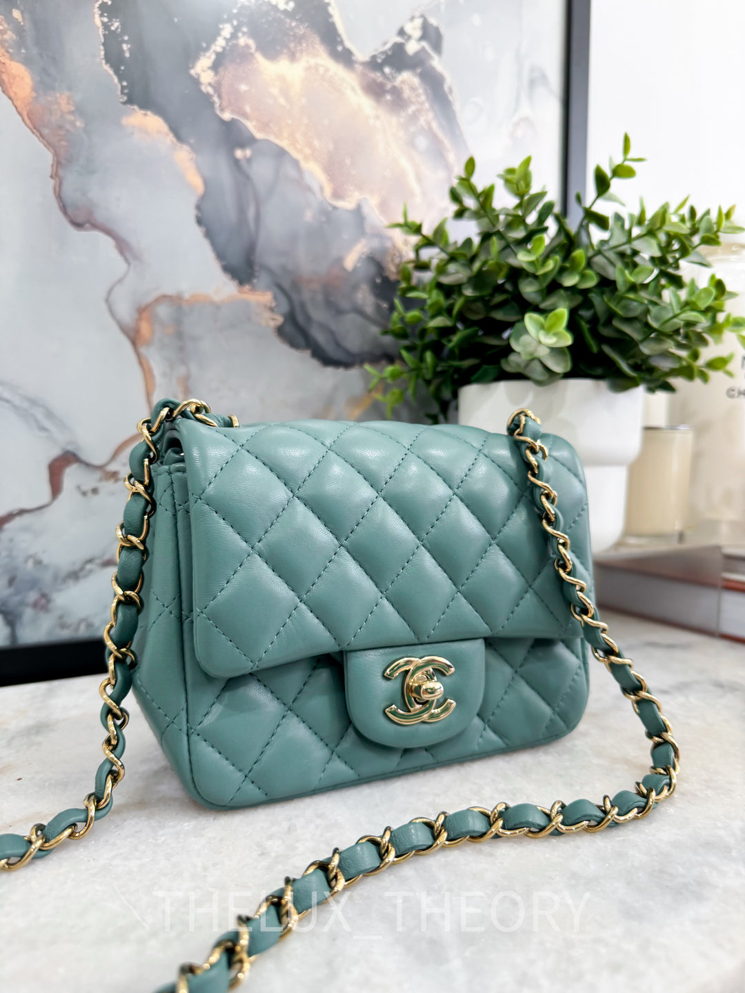 22P TURQUOISE MINI SQUARE LAMBSKIN LIGHT GOLD HARDWARE