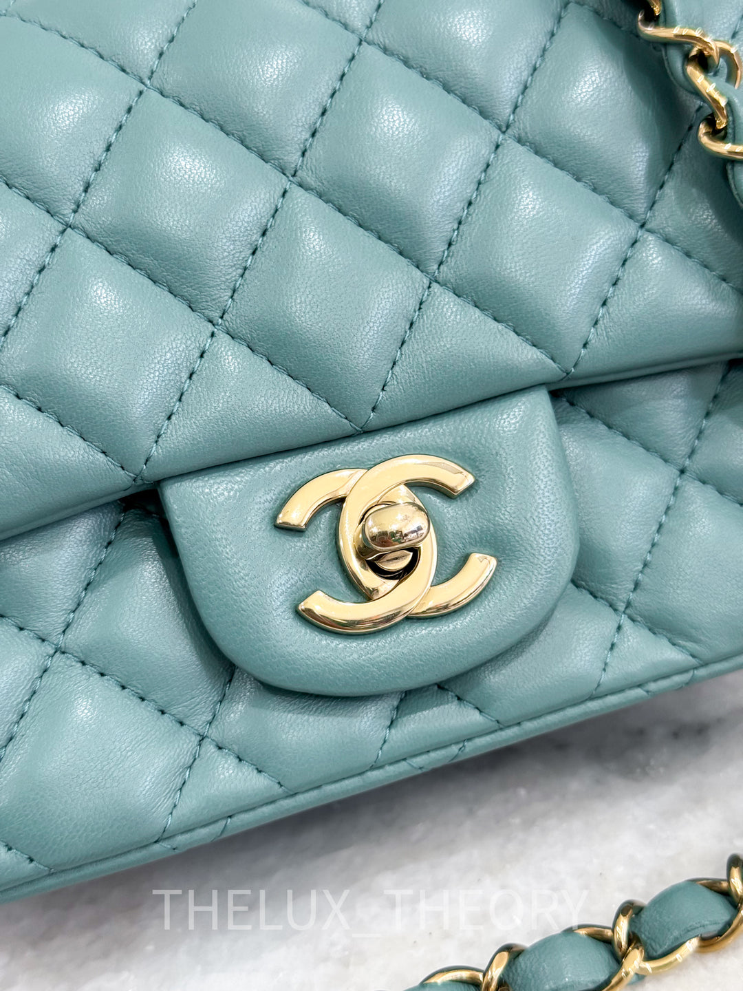 22P TURQUOISE MINI SQUARE LAMBSKIN LIGHT GOLD HARDWARE