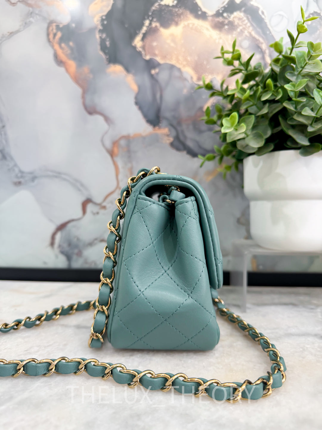 22P TURQUOISE MINI SQUARE LAMBSKIN LIGHT GOLD HARDWARE