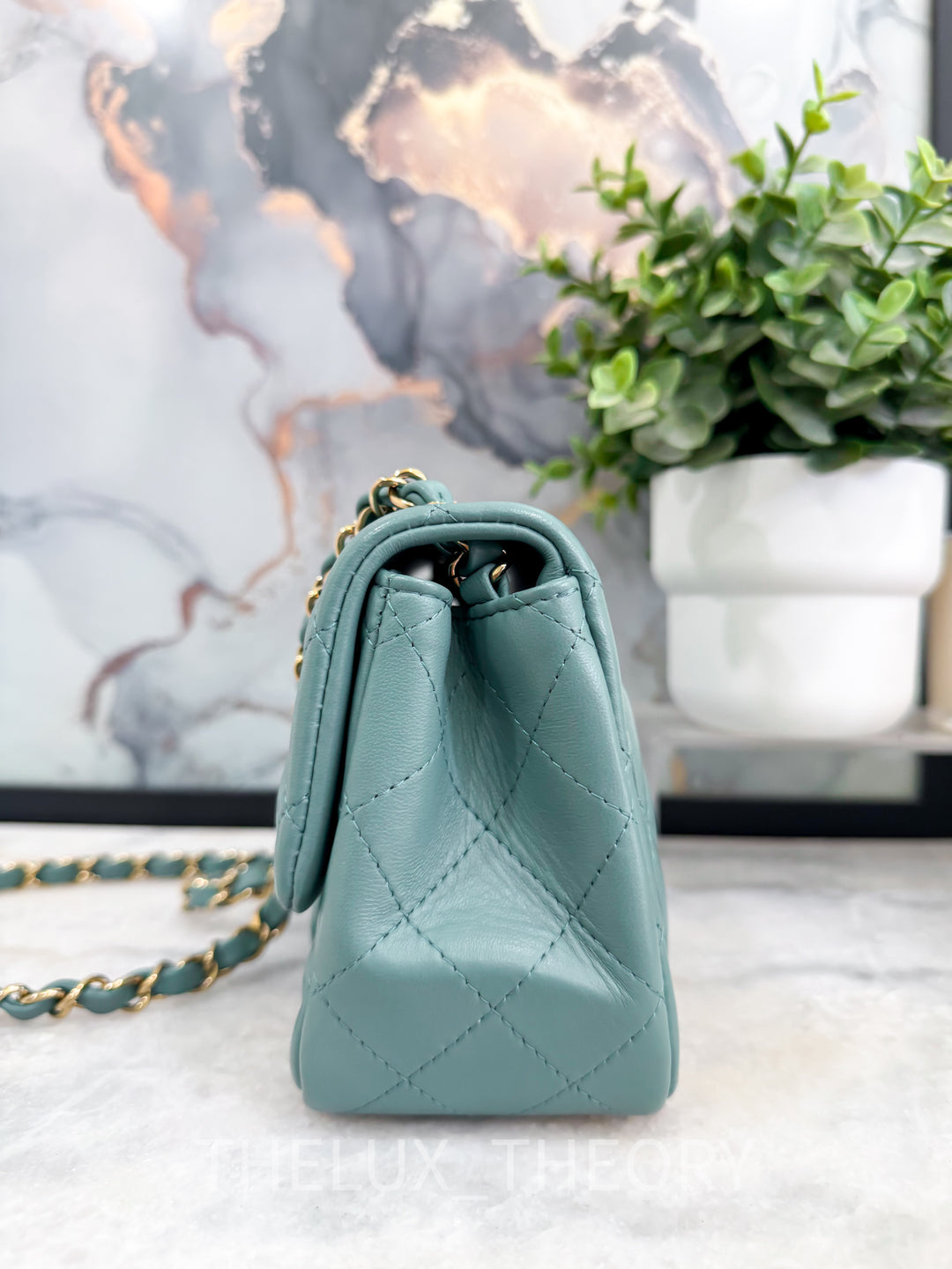 22P TURQUOISE MINI SQUARE LAMBSKIN LIGHT GOLD HARDWARE