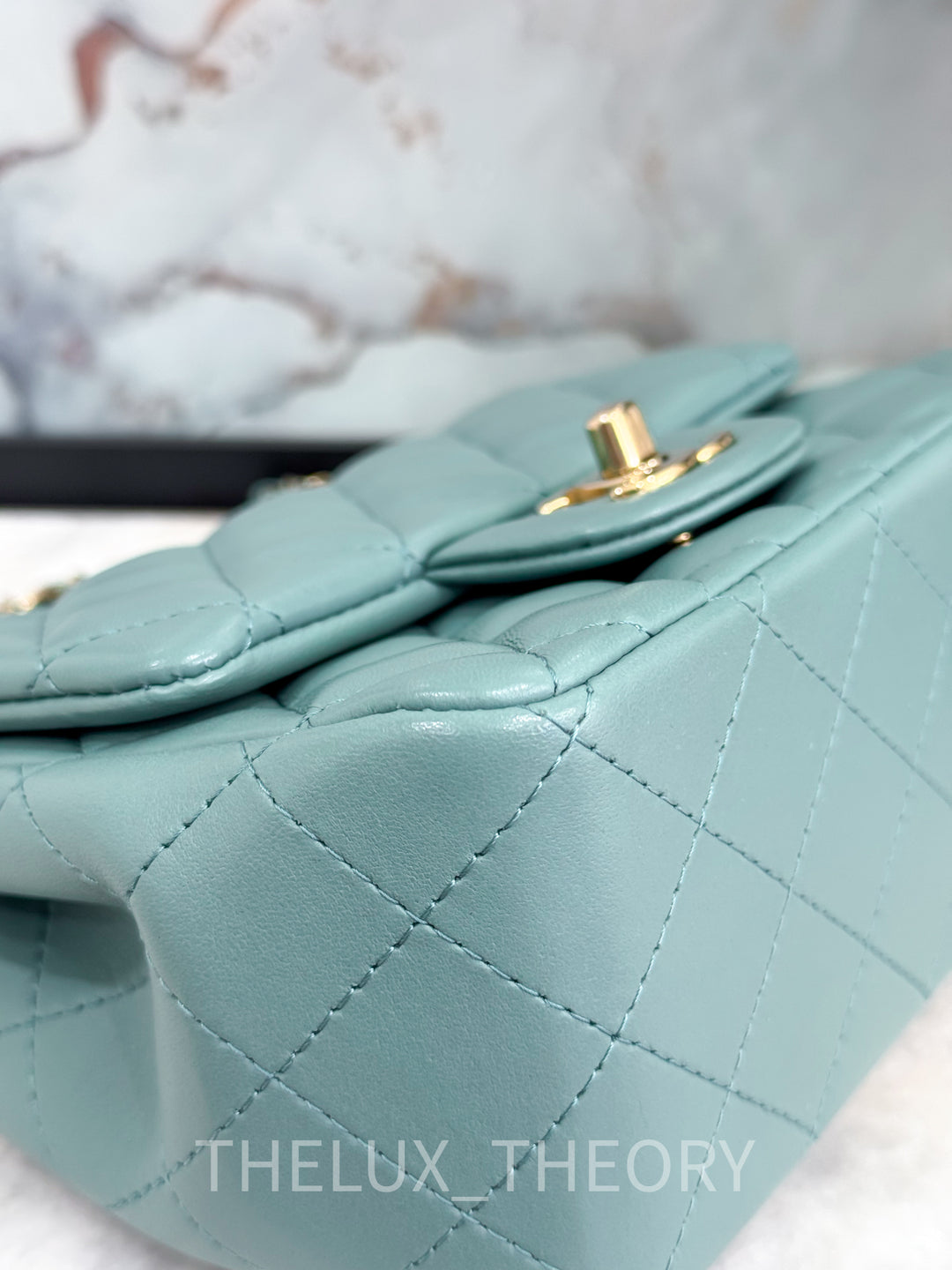 22P TURQUOISE MINI SQUARE LAMBSKIN LIGHT GOLD HARDWARE