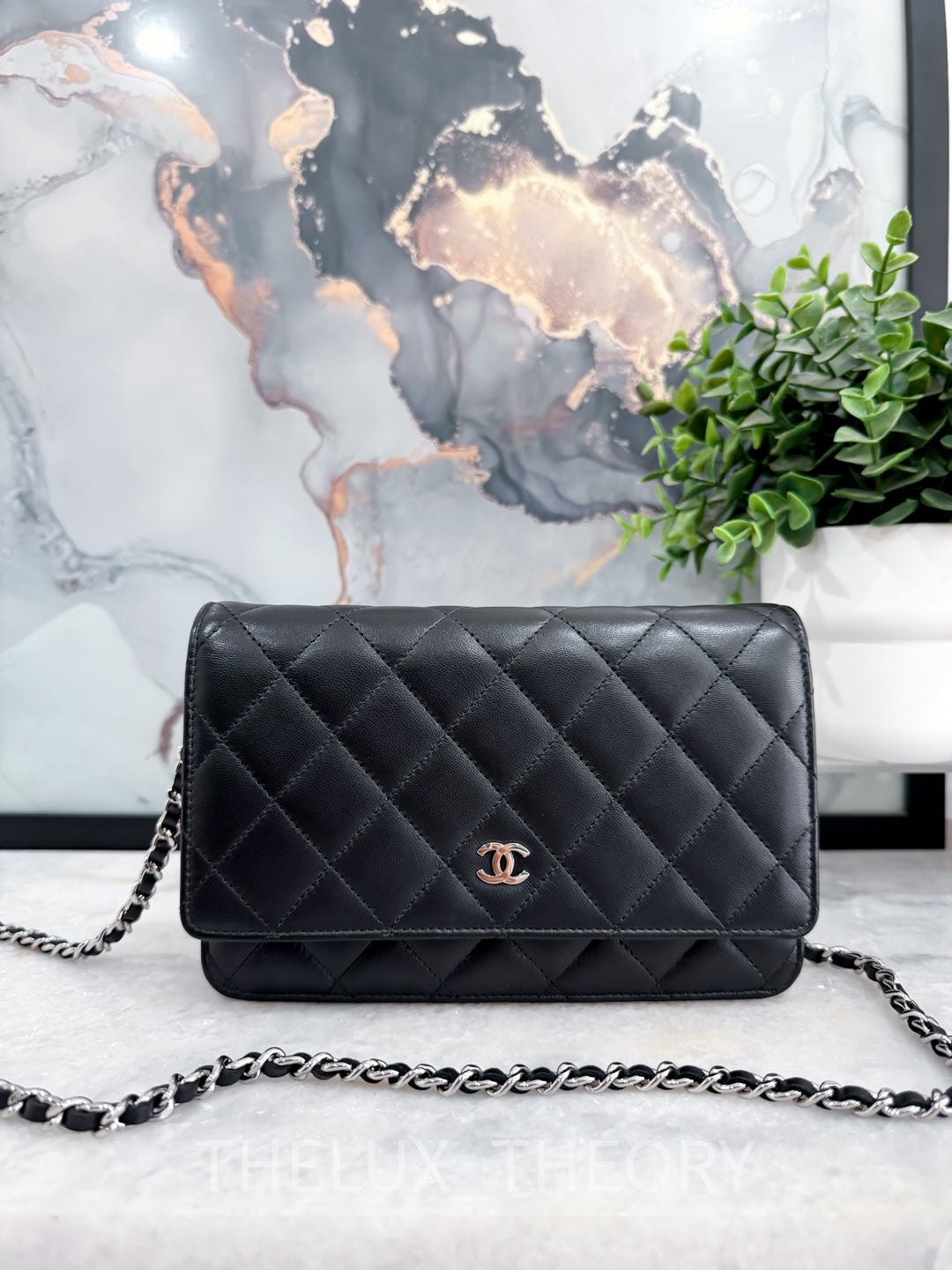 CC CLASSIC BLACK WALLET ON CHAIN LAMBSKIN SILVER HARDWARE SERIES 18
