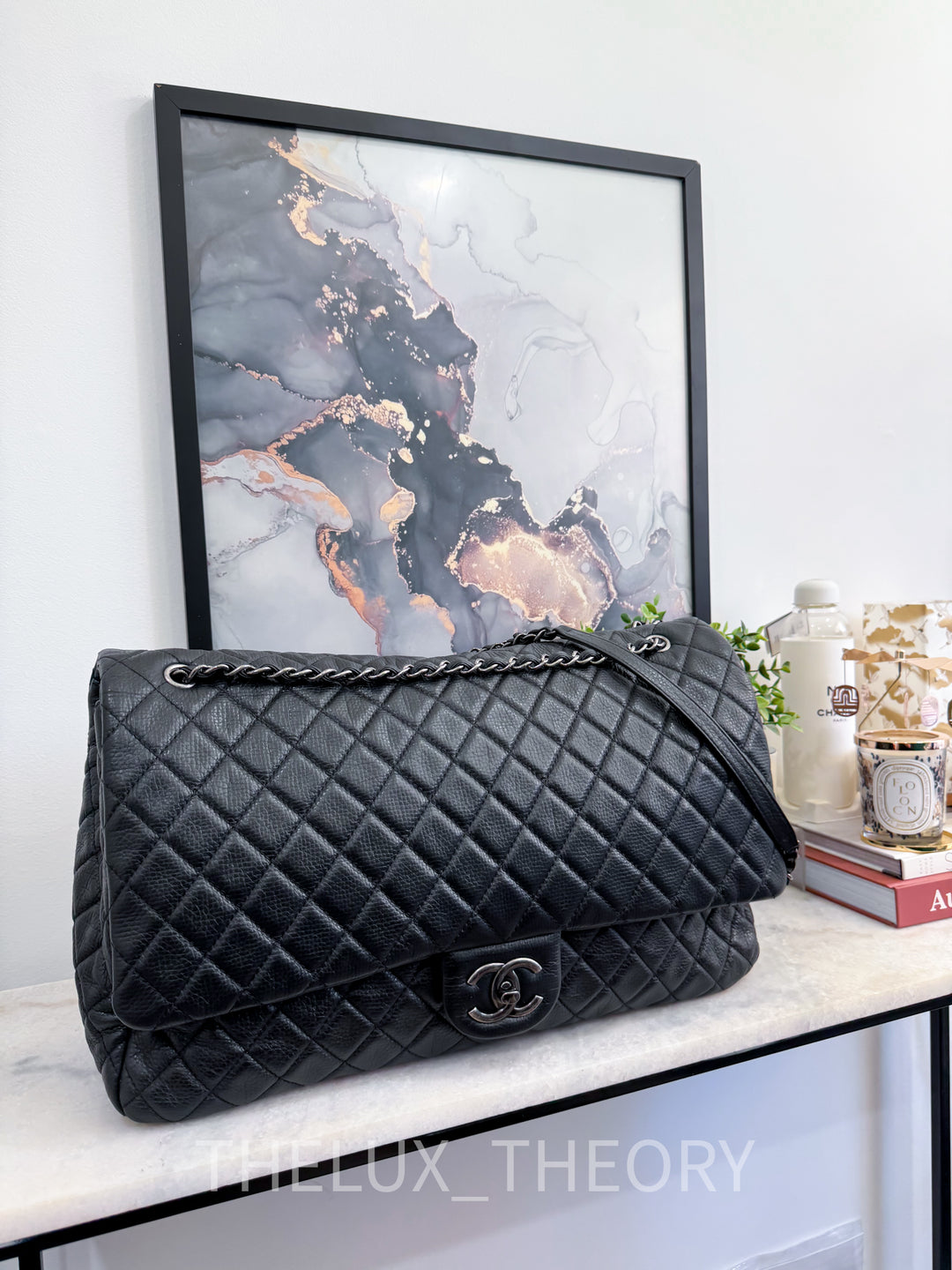 16S XXL TIMELESS CLASSIC SINGLE FLAP METALLIC BLACK CALFSKIN AGED RUTHENIUM HARDWARE
