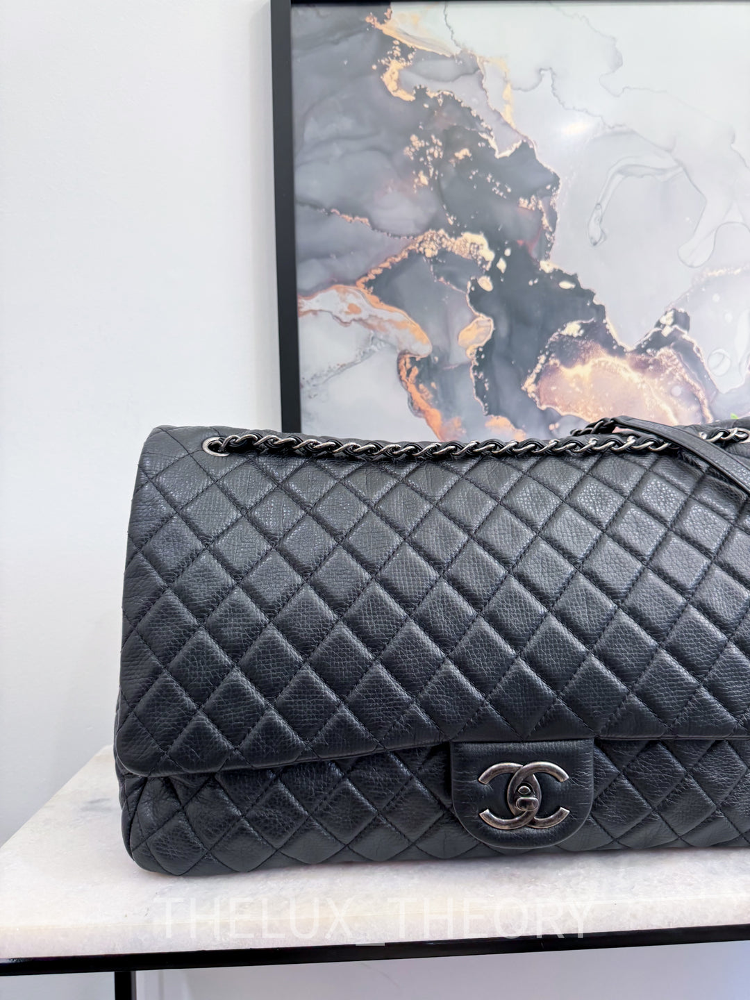 16S XXL TIMELESS CLASSIC SINGLE FLAP METALLIC BLACK CALFSKIN AGED RUTHENIUM HARDWARE
