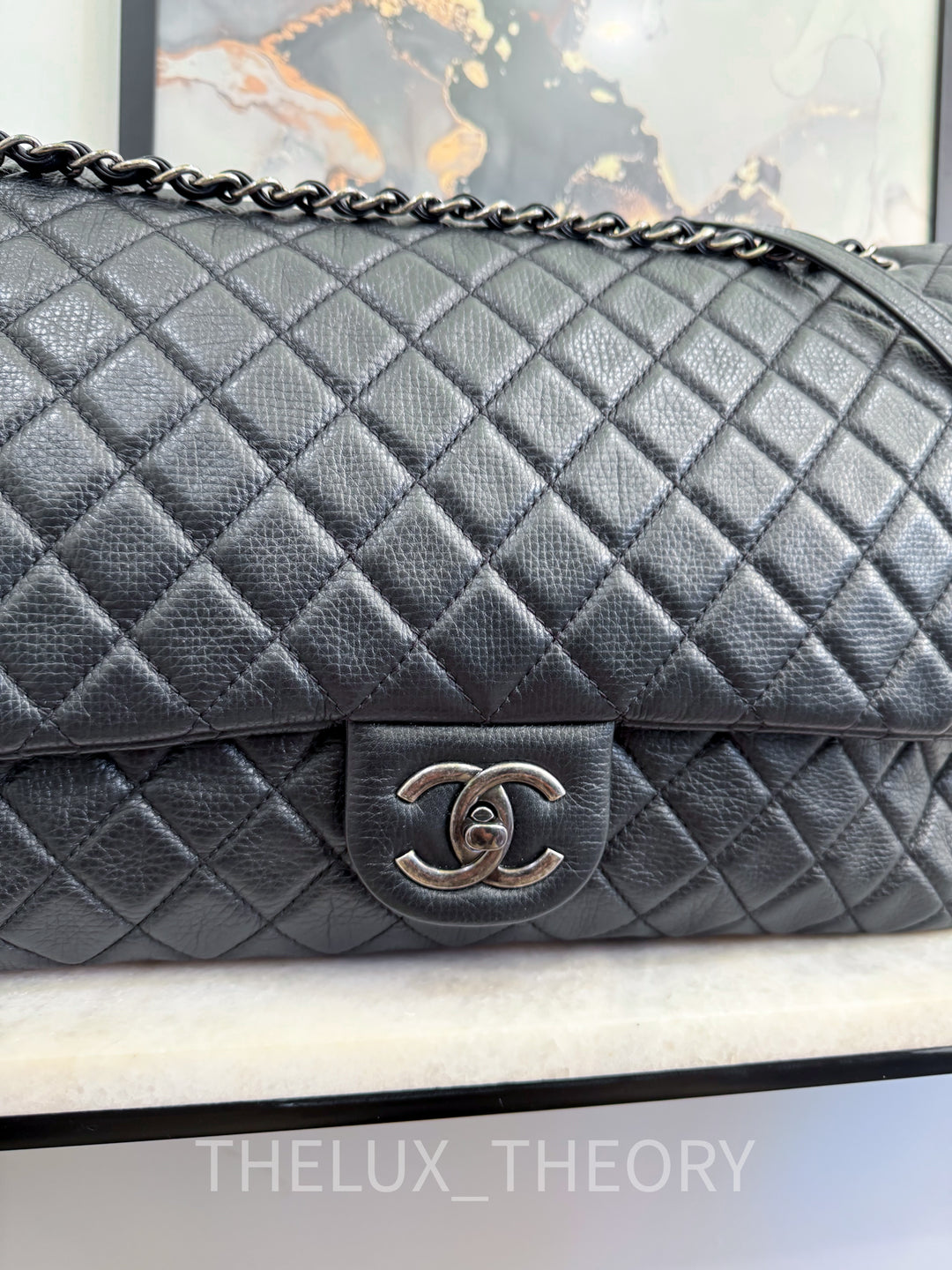 16S XXL TIMELESS CLASSIC SINGLE FLAP METALLIC BLACK CALFSKIN AGED RUTHENIUM HARDWARE