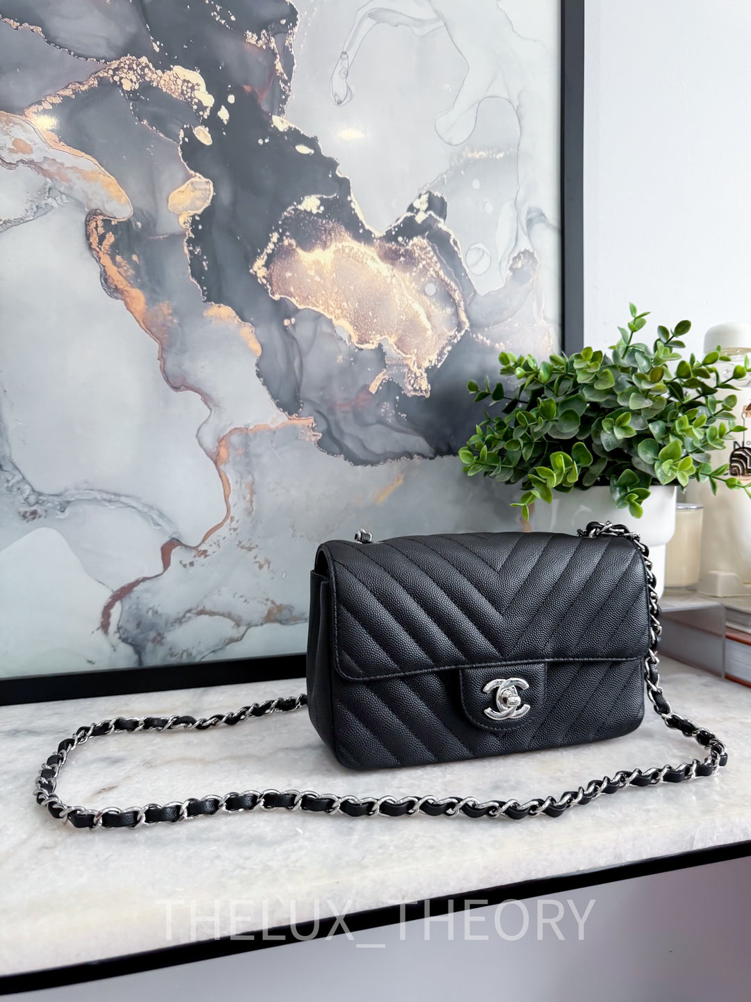 18C BLACK CHEVRON MINI RECTANGLE CAVIAR SILVER HARDWARE