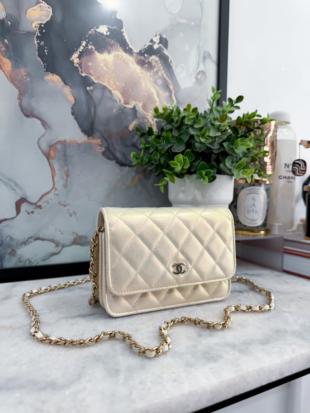 21P IRIDESCENT PEARL MINI WALLET ON CHAIN LGHW