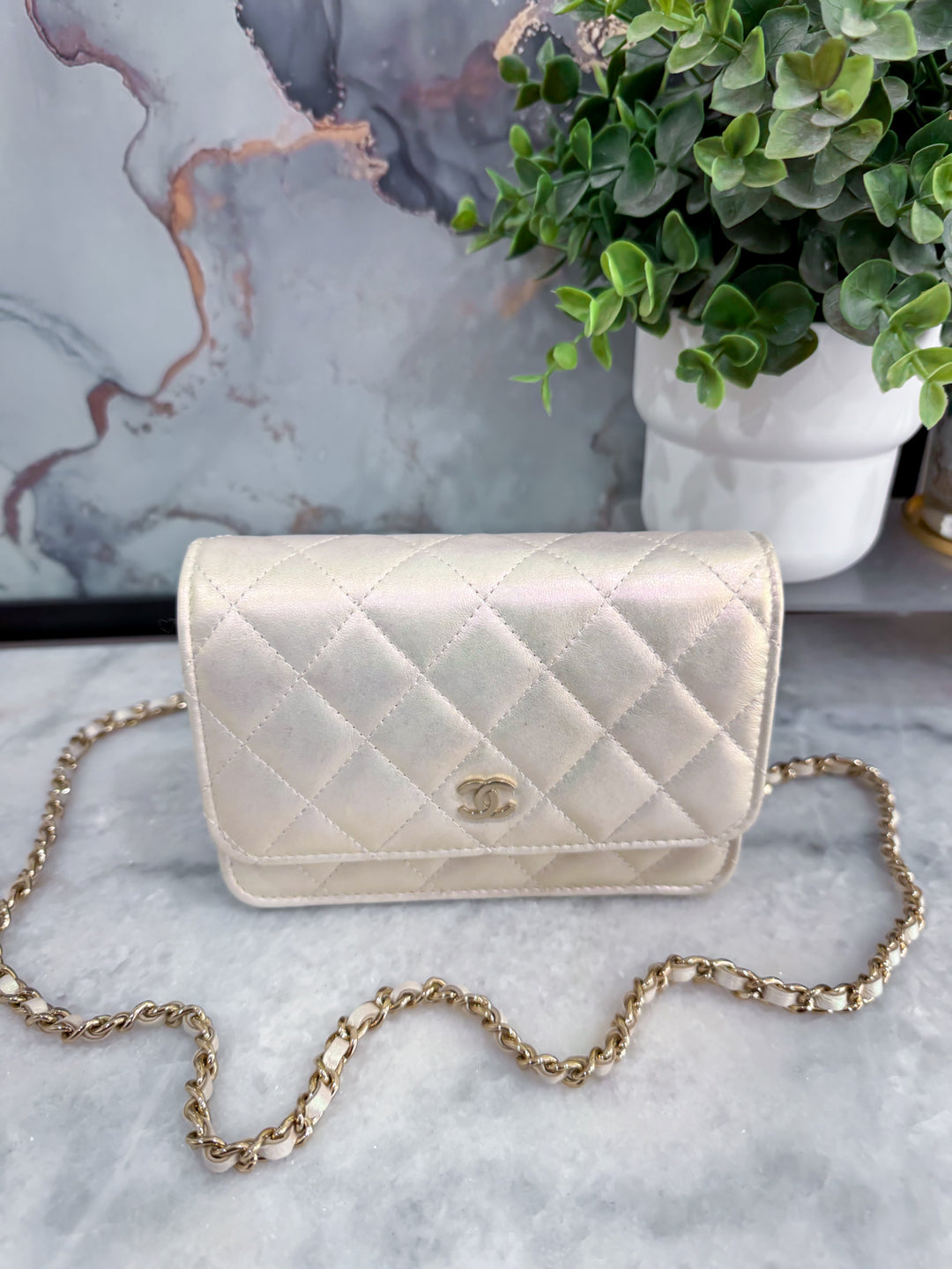 21P IRIDESCENT PEARL MINI WALLET ON CHAIN LGHW