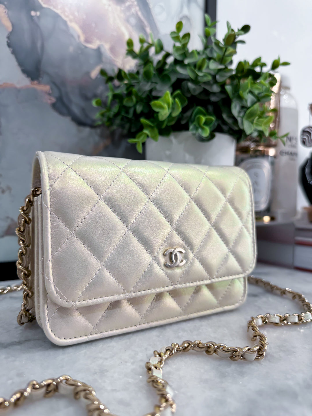 21P IRIDESCENT PEARL MINI WALLET ON CHAIN LGHW