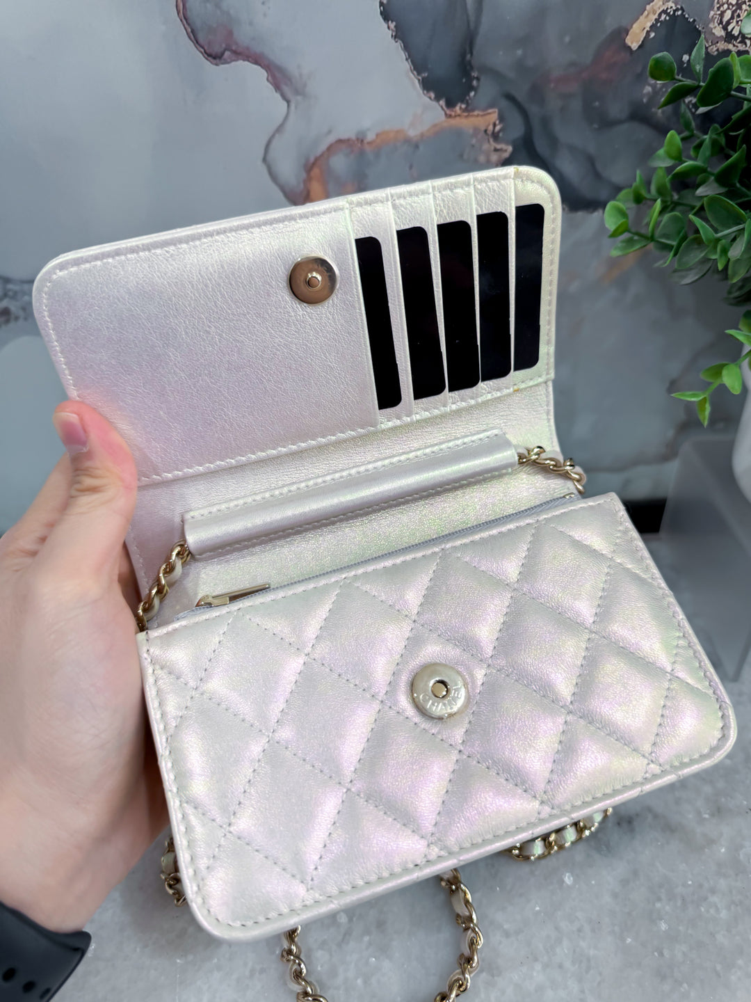 21P IRIDESCENT PEARL MINI WALLET ON CHAIN LGHW